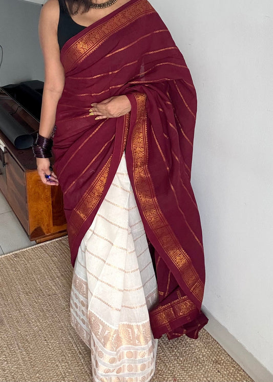 Maroon with cream, sungudi cotton half-half saree - YCCOTNMSFE355