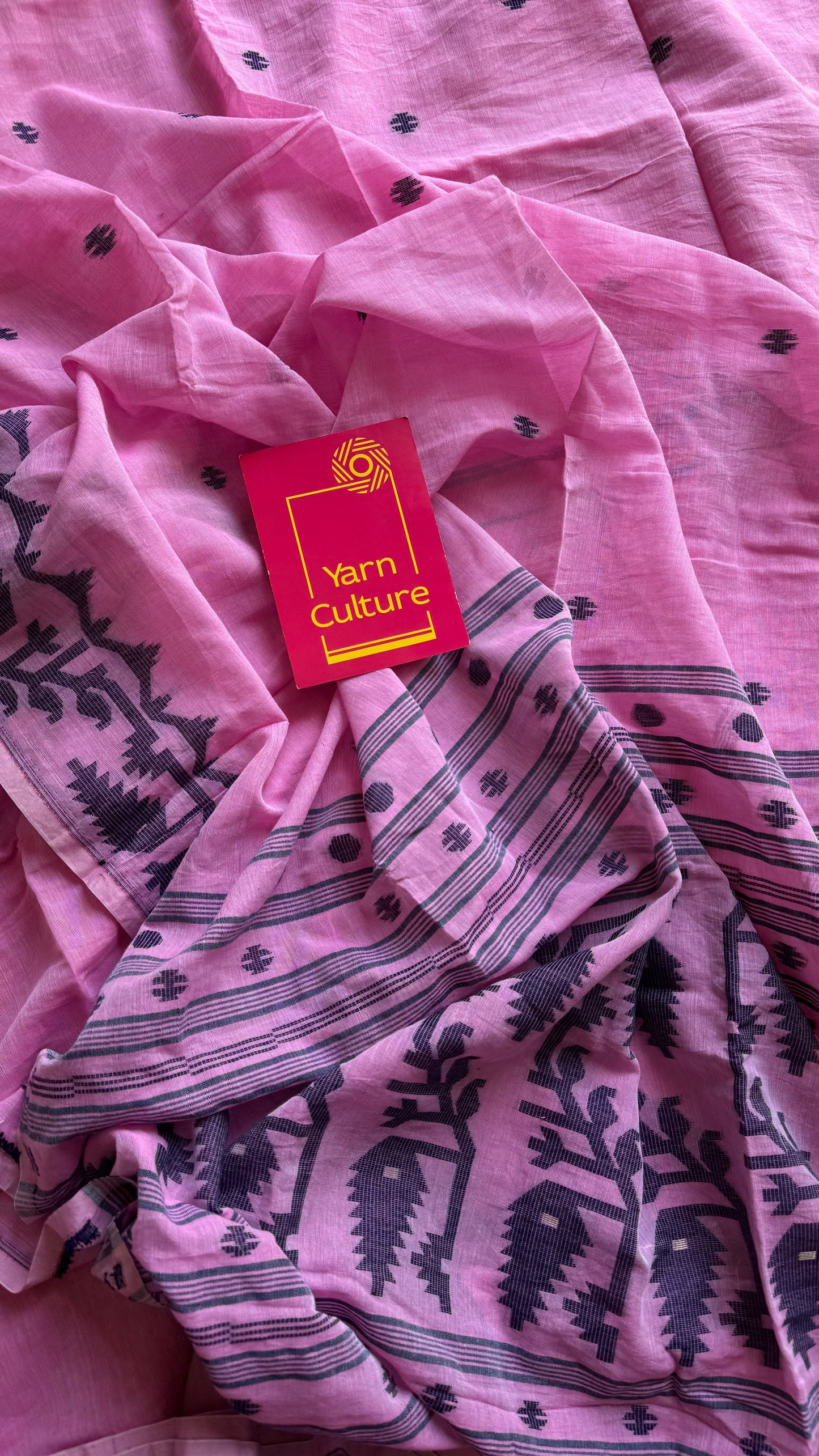 Pink with dark blue contrast jamdani saree in soft handloom cotton - YCBCJDFE379
