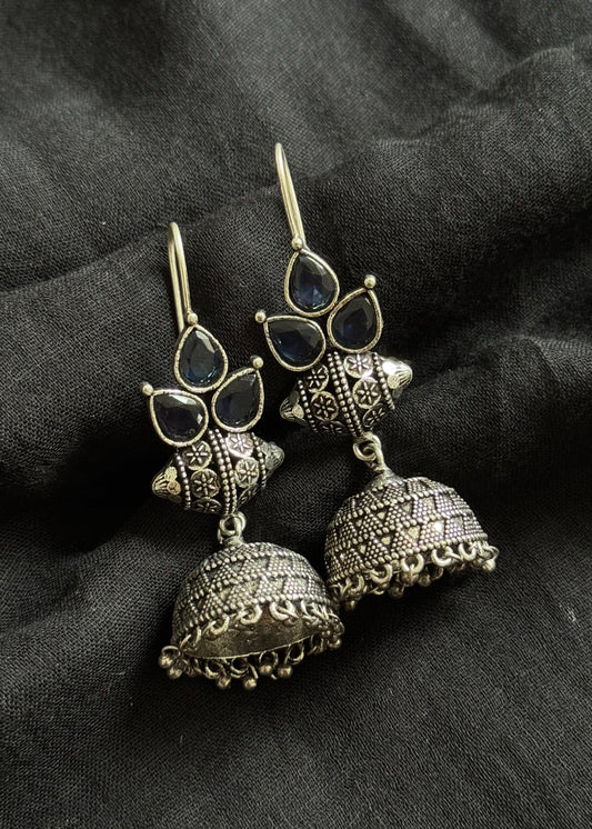 Oxidised silver hook earrings, blue stone - YCOSED252