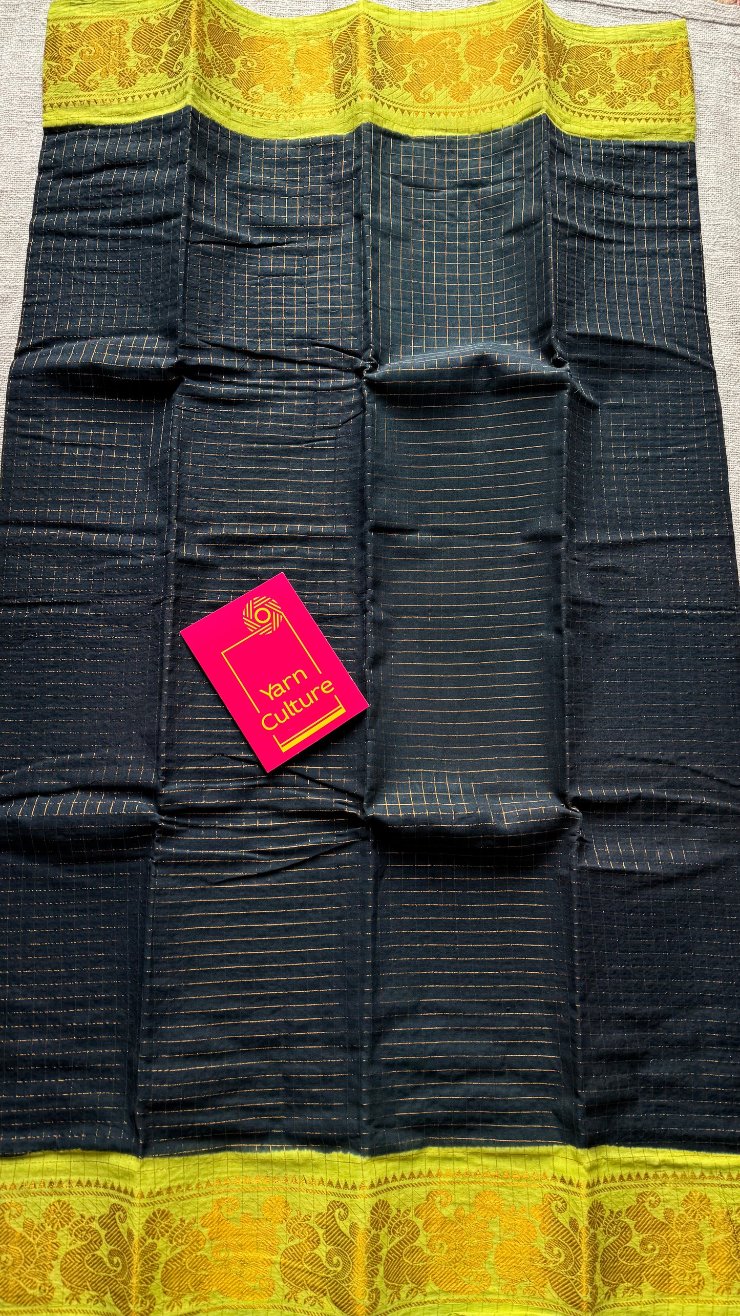 Black with lime green checkered sungudi, madurai cotton - YCCOTNSUDE44