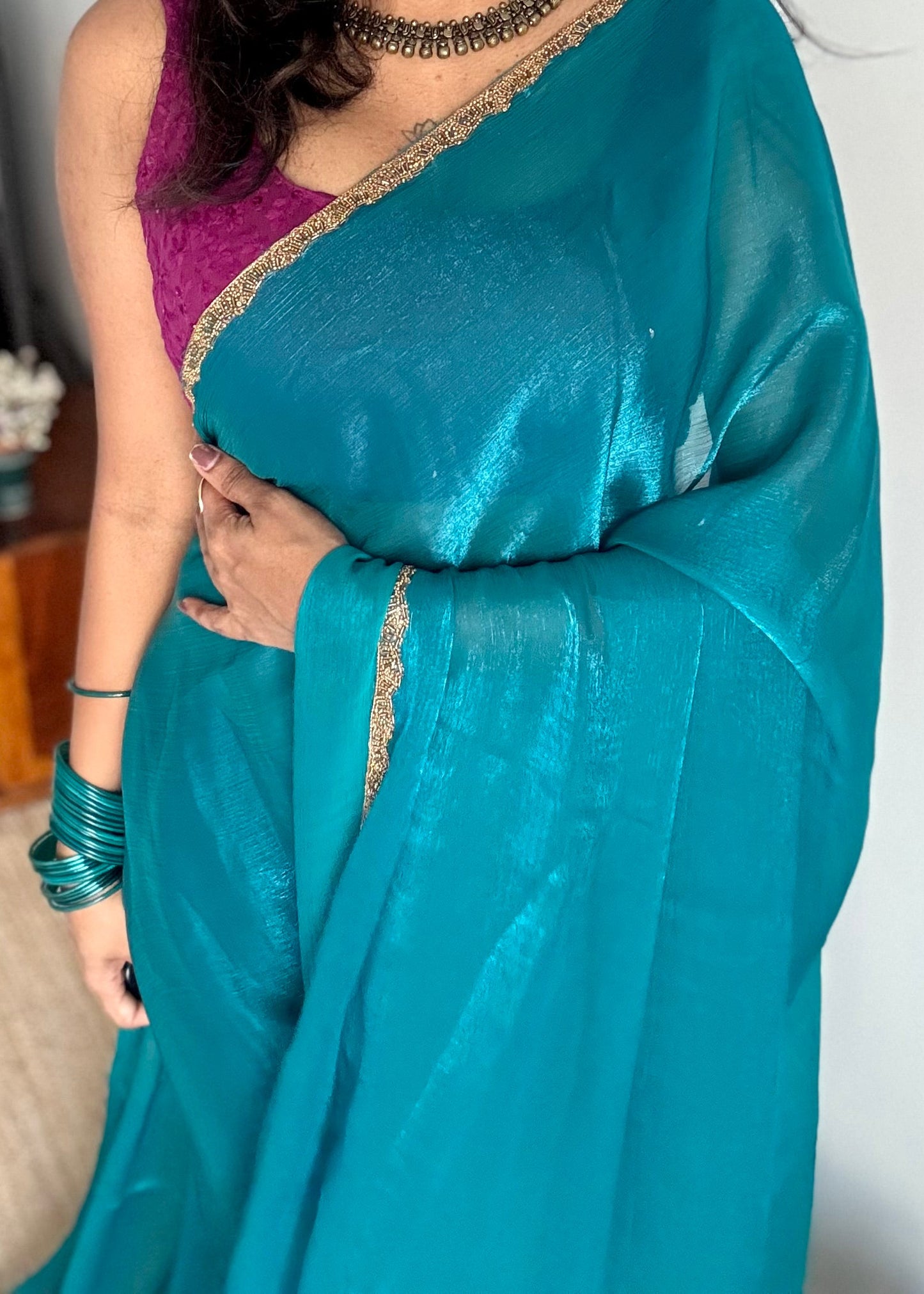 Bluetiful Chaos - bluish green, metallic dual tone space silk, embellished border - YCDOSNO44