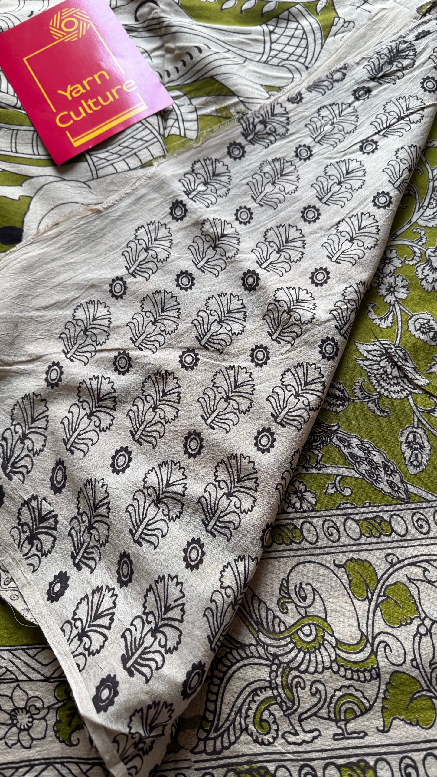 Light green kalamkari saree, floral vines, soft cotton - YCWOTDMA345