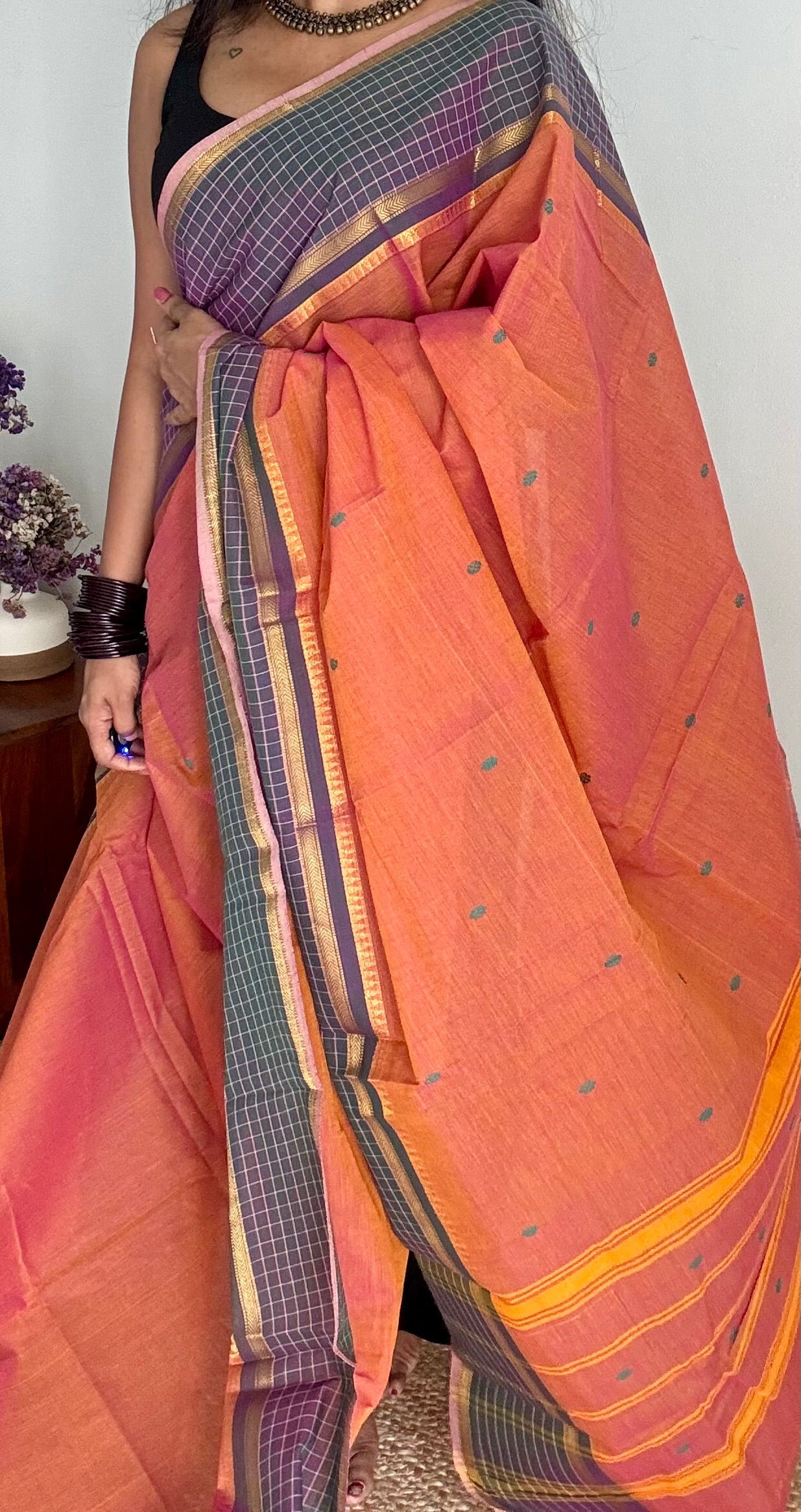 Orange pink dual tone and dark greyish blue contrast, Chettinad cotton saree with checkered border - YCCOTNMA273