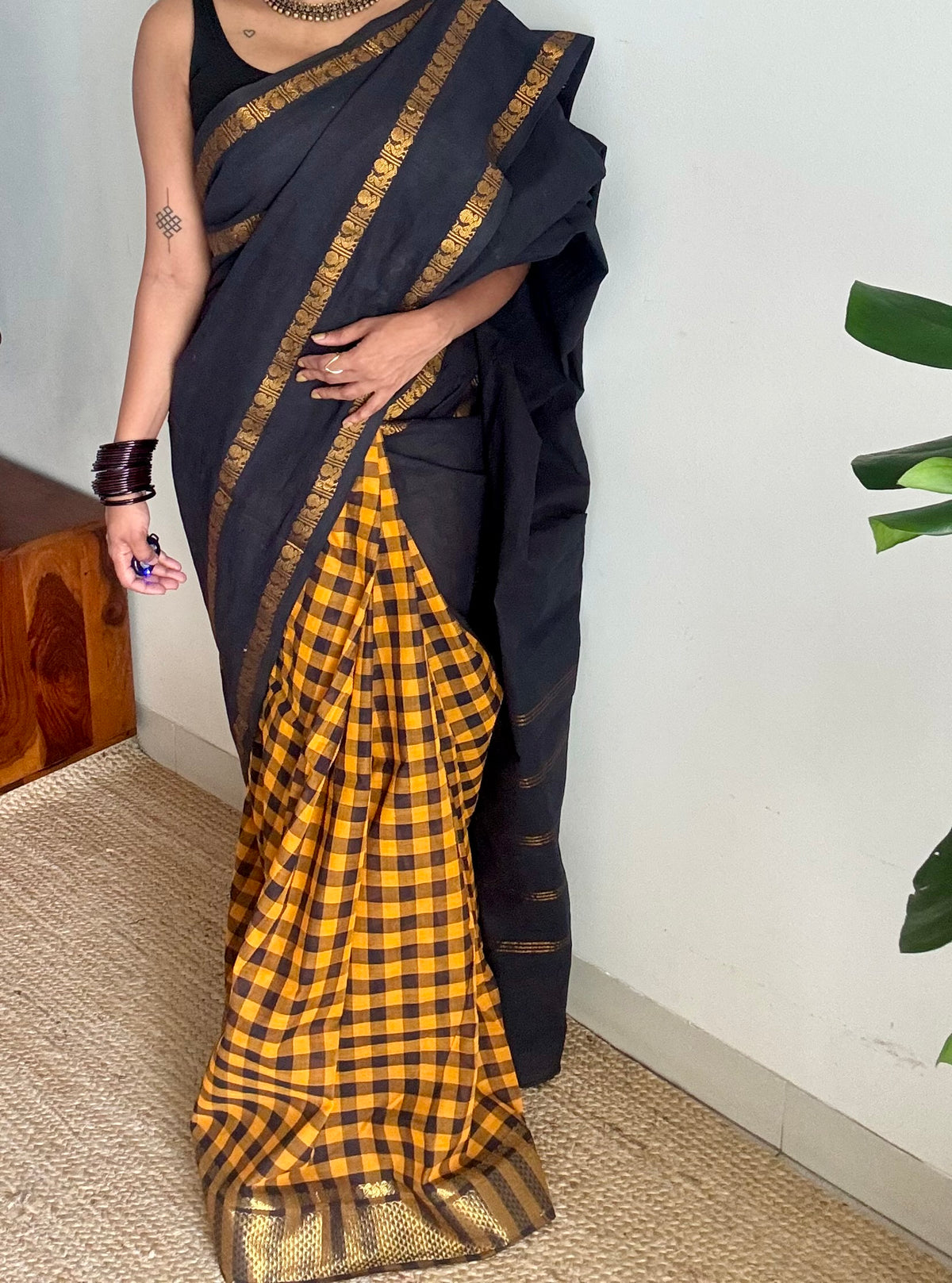 Black with yellow and black checks, sungudi and chettinad cotton half-half saree - YCCOTNIDOC30