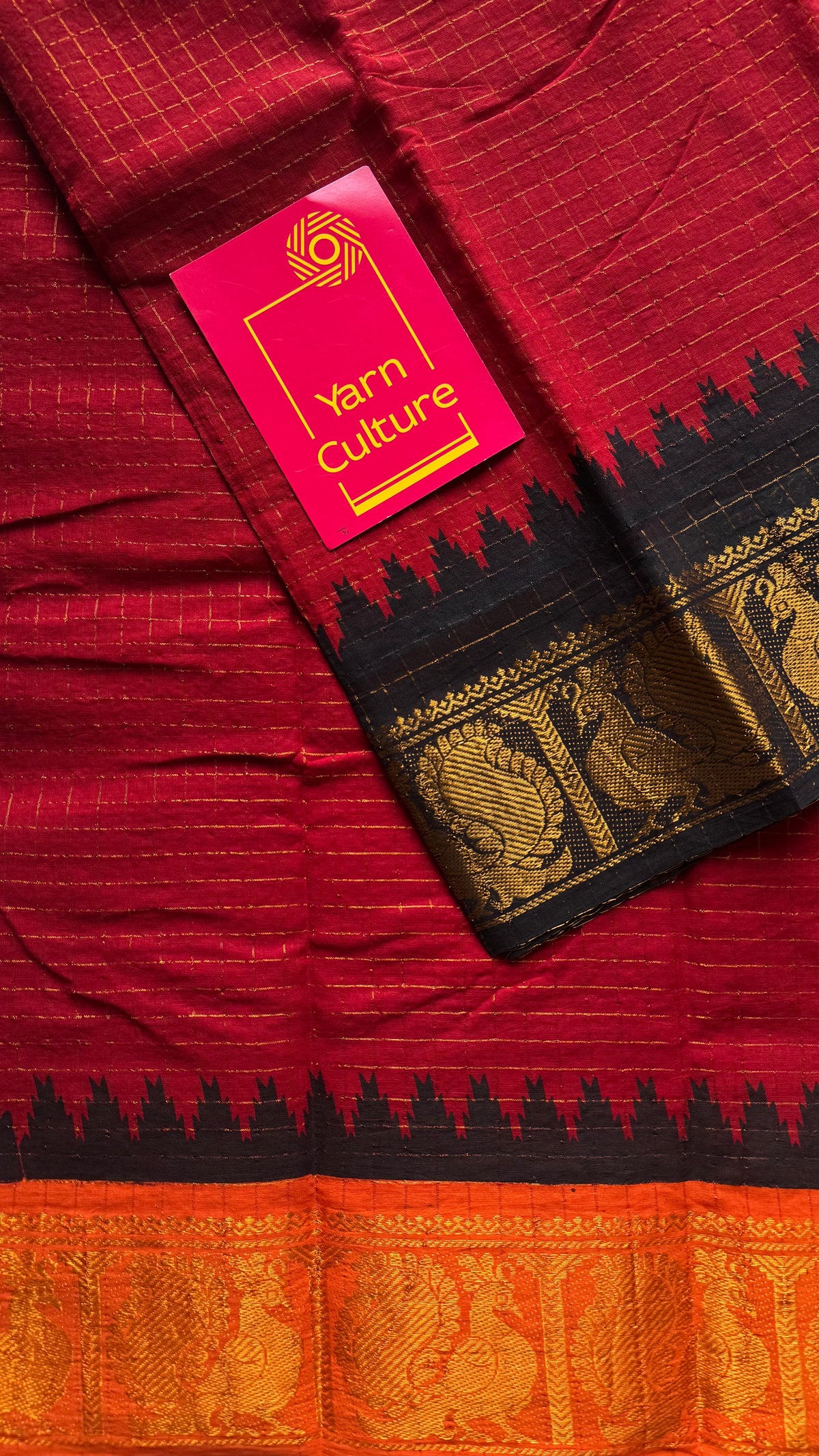 Sungudi cotton checks, red base, orange and black dual tone border, soft cotton - YCCOTNMSSE11