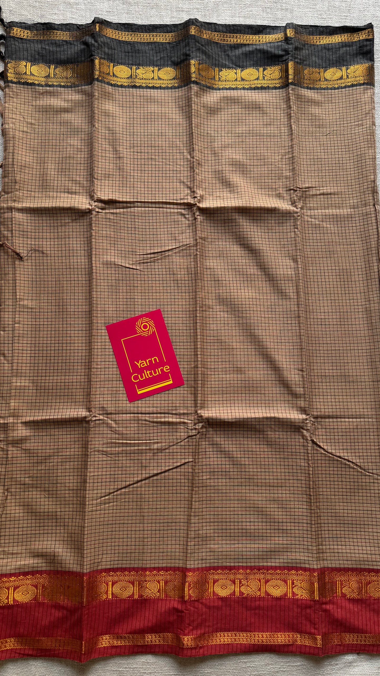 Grey checks with black and light red ganga jamuna borders, premium narayanpet soft cotton - YCWOTDNPJA154