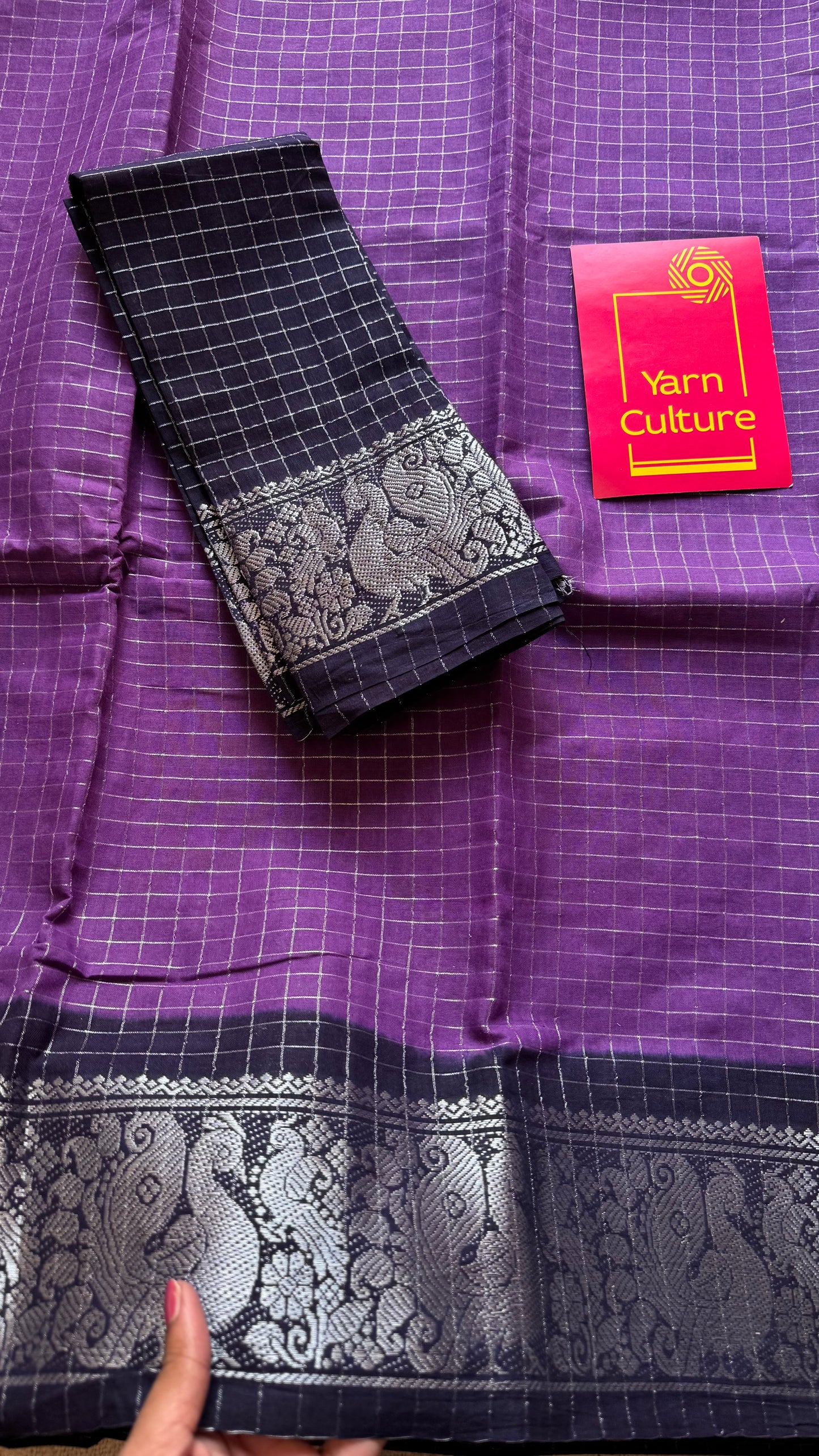 Purple with dark blue, silver zari checkered sungudi, kattuchayam dyed madurai cotton - YCCOTNMSAP105