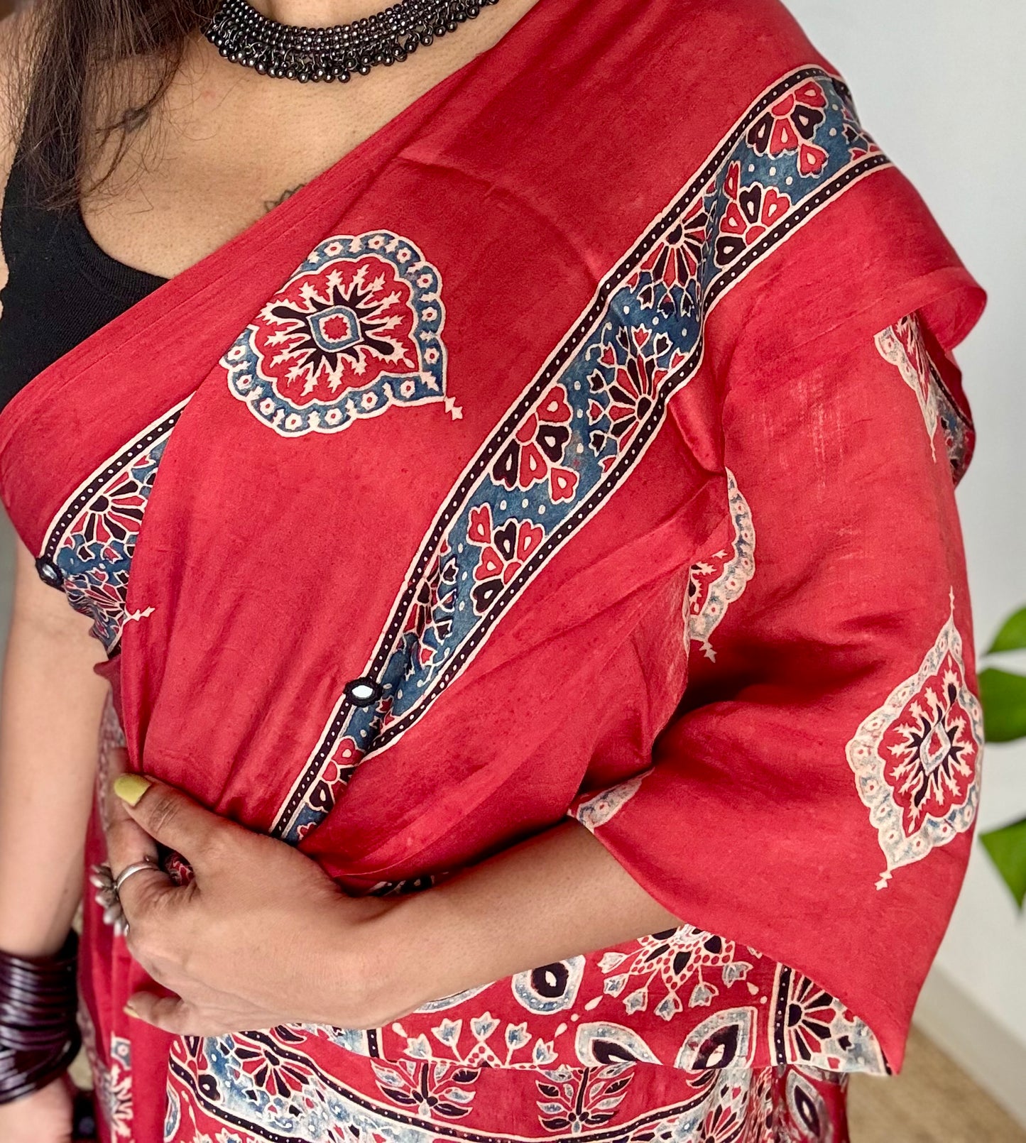 Red pure modal silk saree with ajrakh handblock print and mirror work - YCTOKAJM338