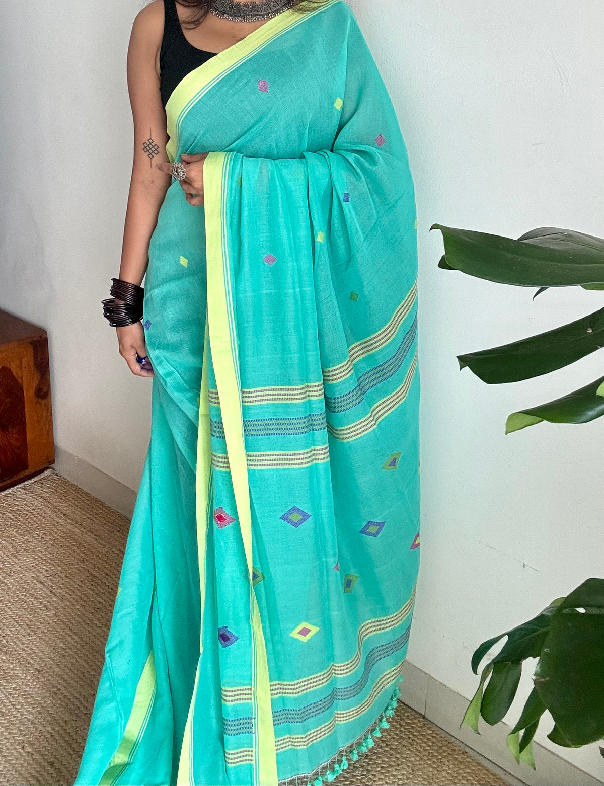 Handloom Bengal soft cotton saree, turquoise with woven buttas and lime green borders - YCBCMCSE38