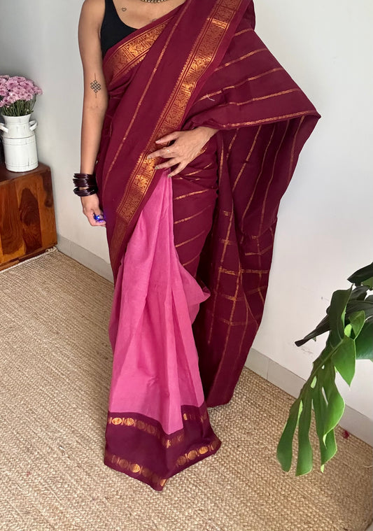Maroon with dusty pink, cotton half and half saree - YCCOTNIDOC151