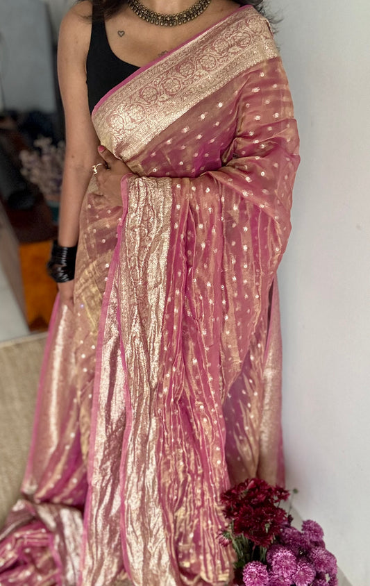 Magenta pink with gold double tone, soft crushed tissue, thread zari - YCDOSFEJUTB01
