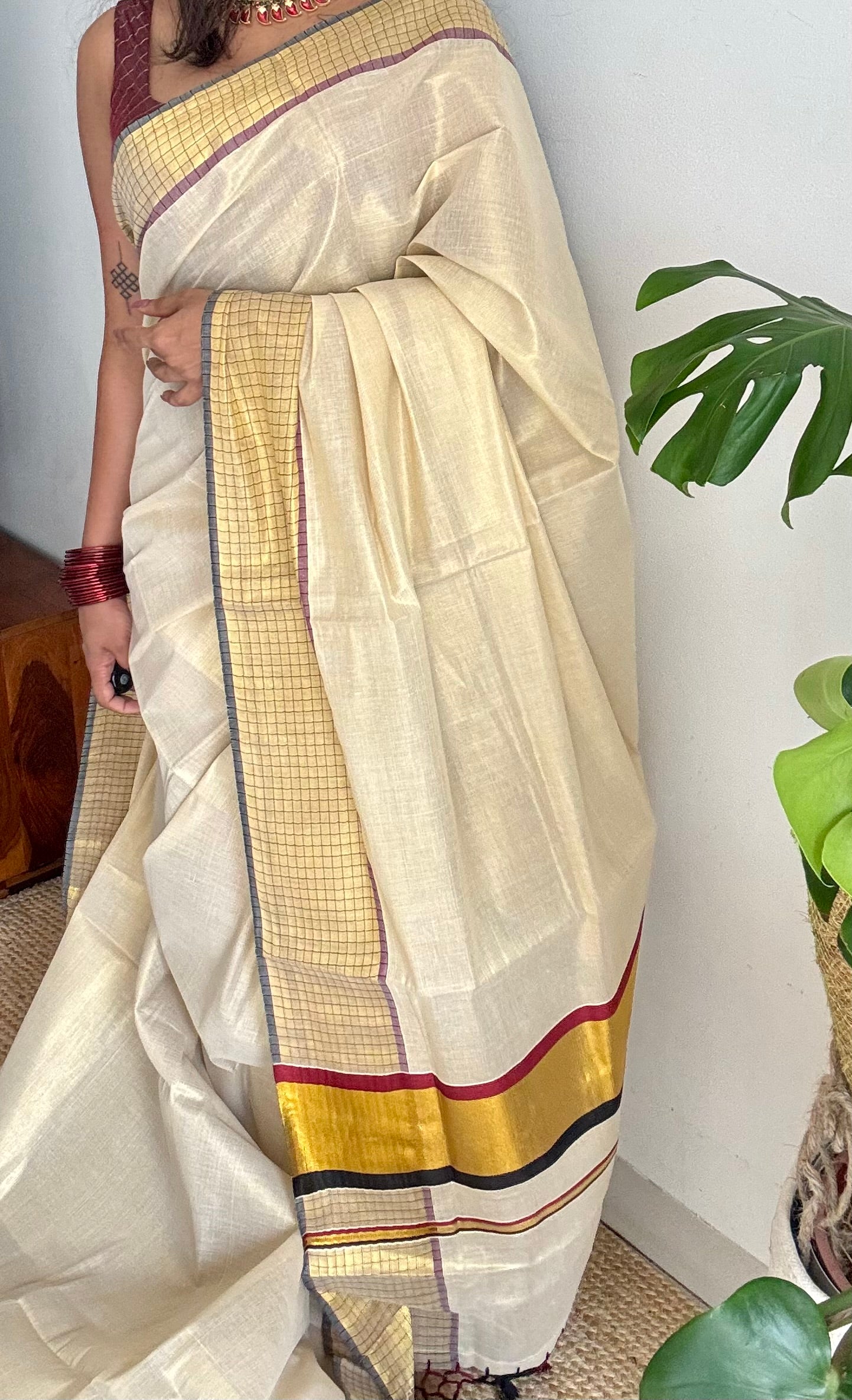 Ivory and gold soft tissue cotton saree, black and red, checkered border - YCIEON78