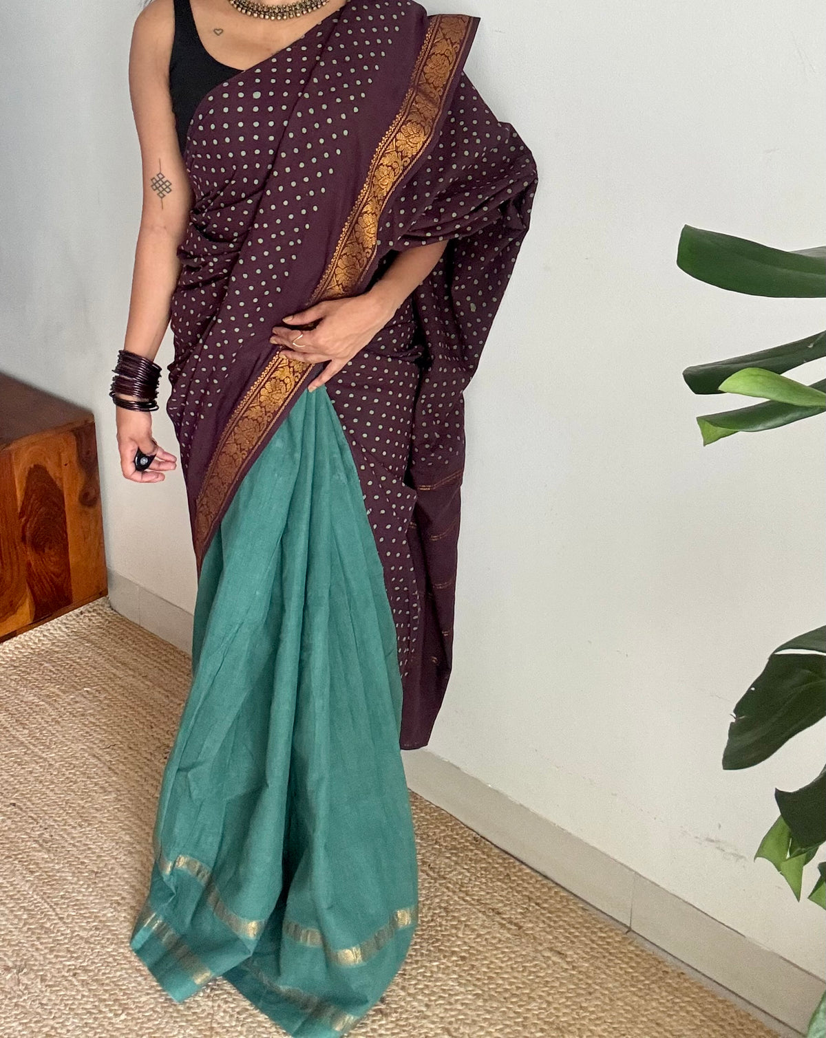 Brown with mint green, sungudi cotton half-half saree - YCCOTNIDOC16