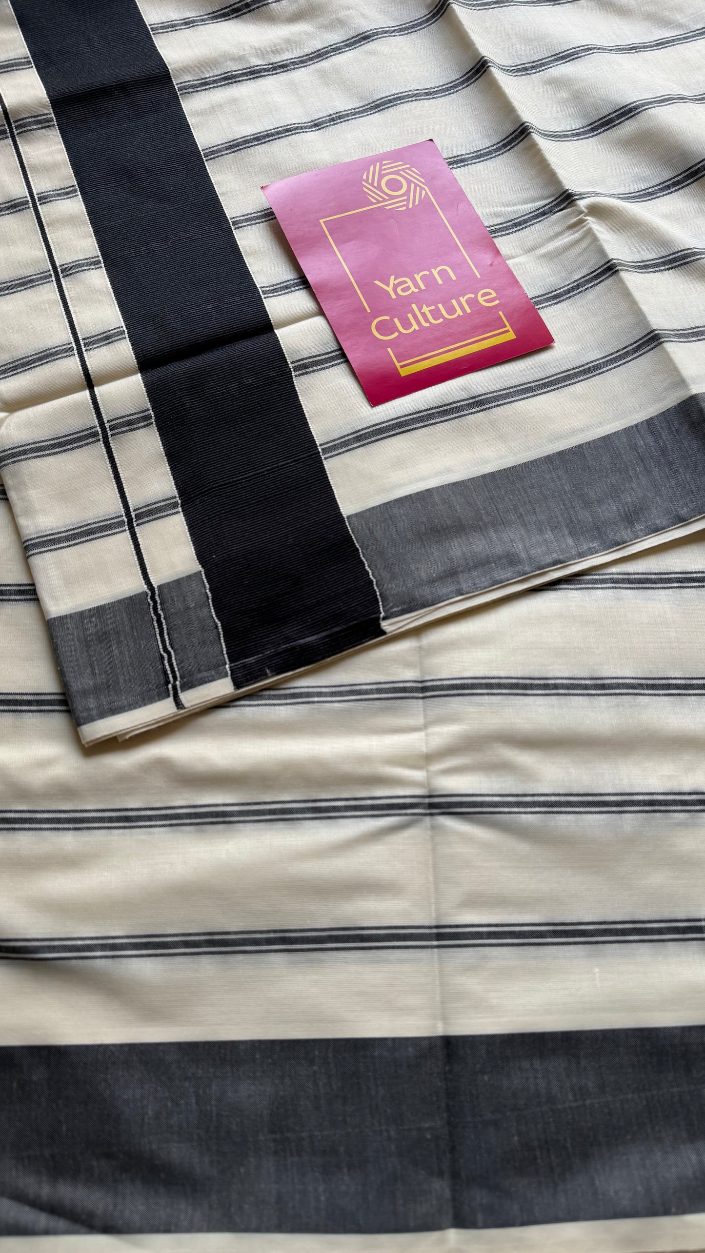 Ivory Kerala cotton saree with black stripes and border - YCIEKCFE321