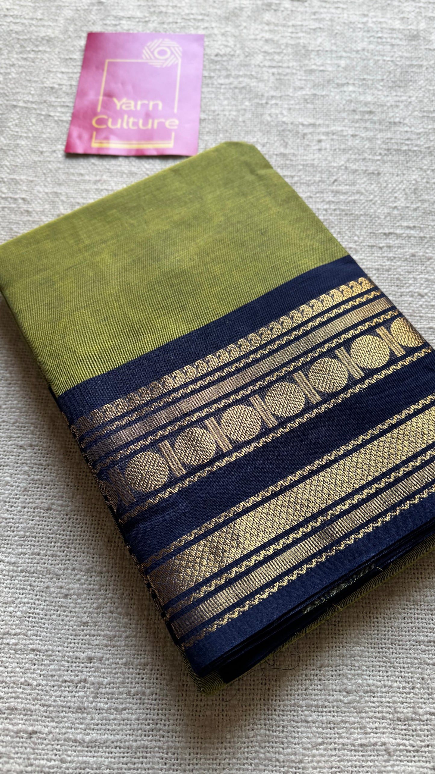 Light green with dark blue contrast border, kanchi cotton - YCCOTNKCDE85