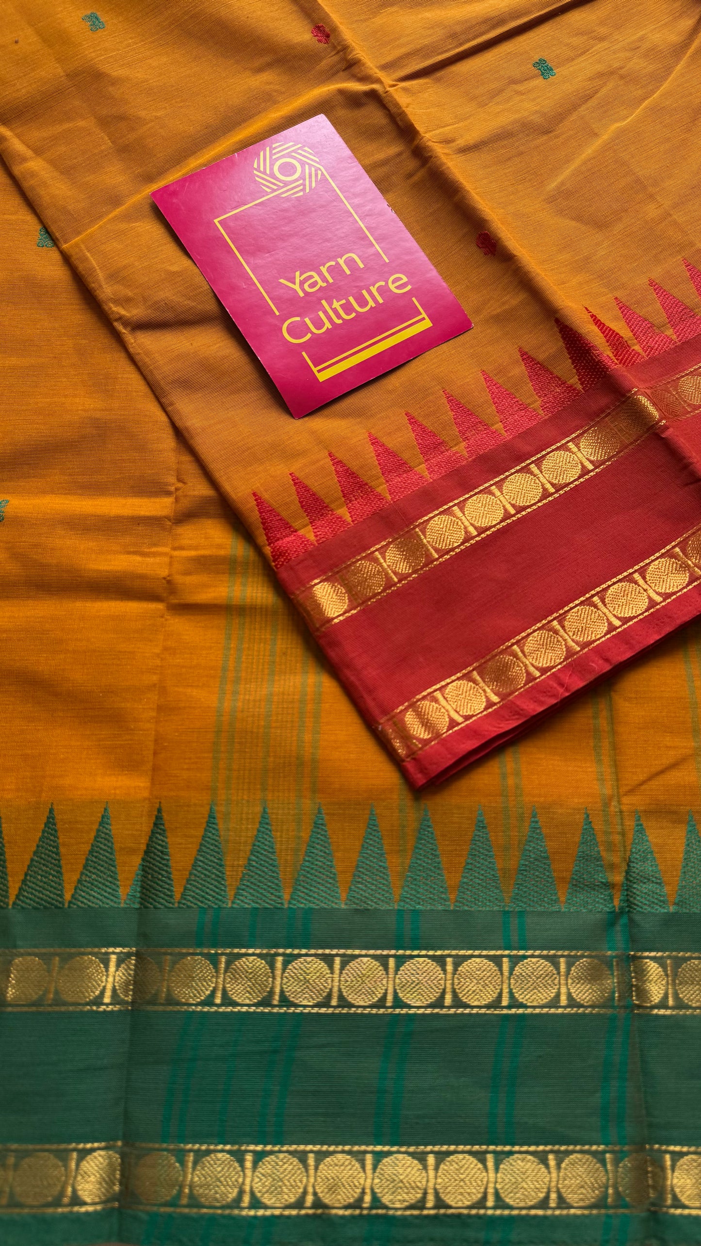 Kanchi cotton saree, orange with red and green dual border - YCCOTNAP100