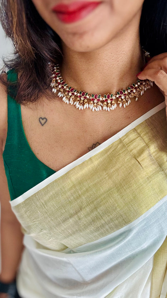 Pink and green lotus necklace with rice pearl drops and earrings - YCAGC133
