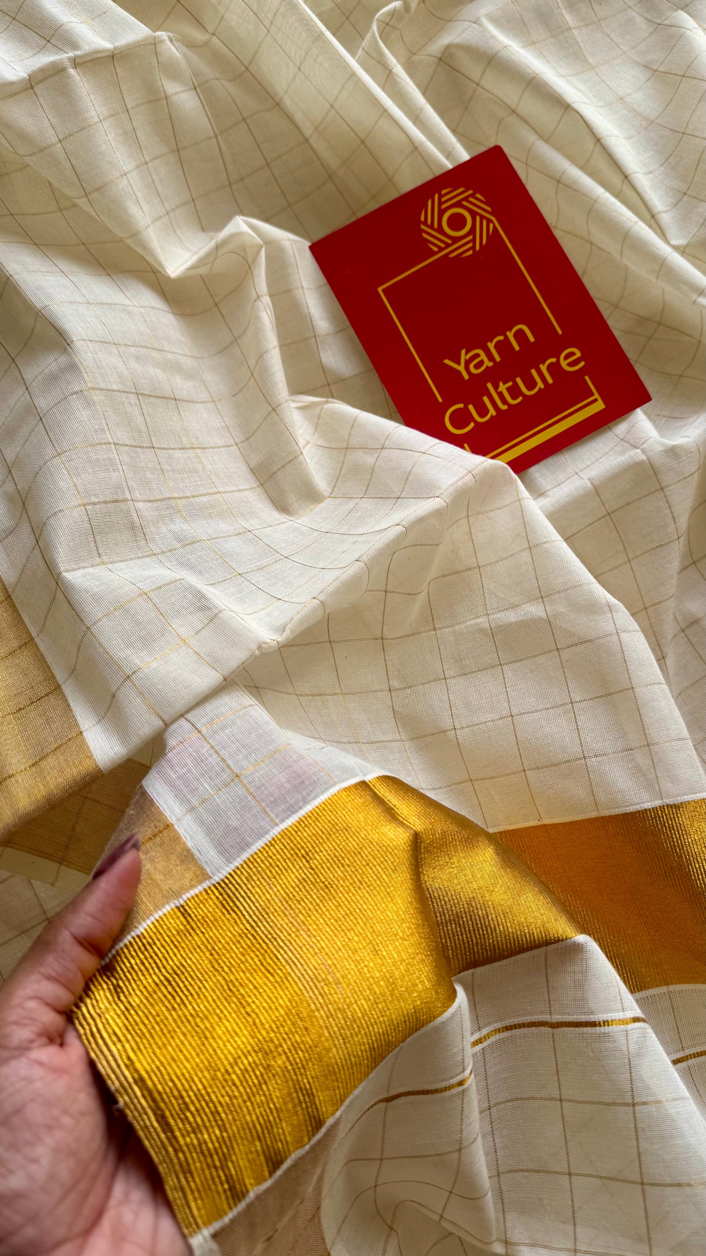 Ivory and gold soft cotton kasavu saree, checks - YCIEON79