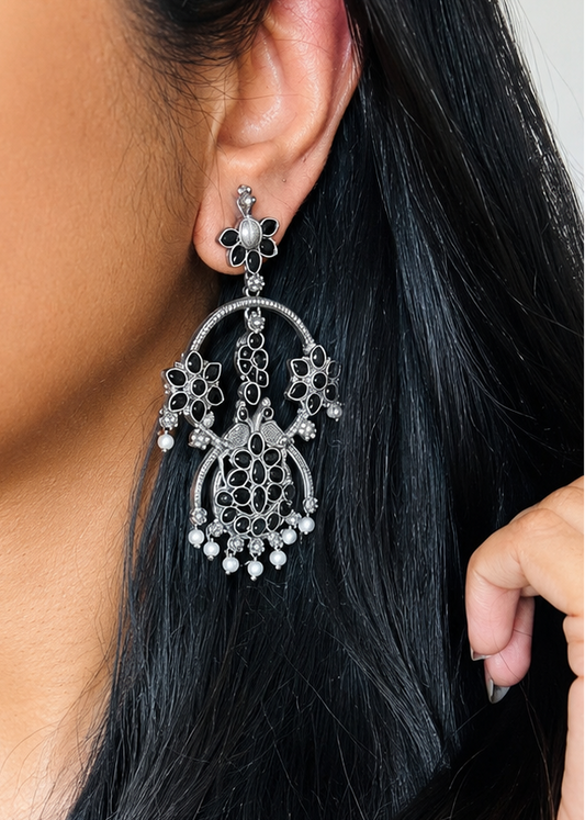 Peacock dangler earring with black stones - YCOSED596
