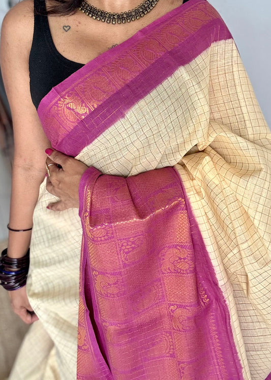 Ivory checks with dark magenta mayuri checkered zari border, madurai cotton - YCCOTNOCSC01