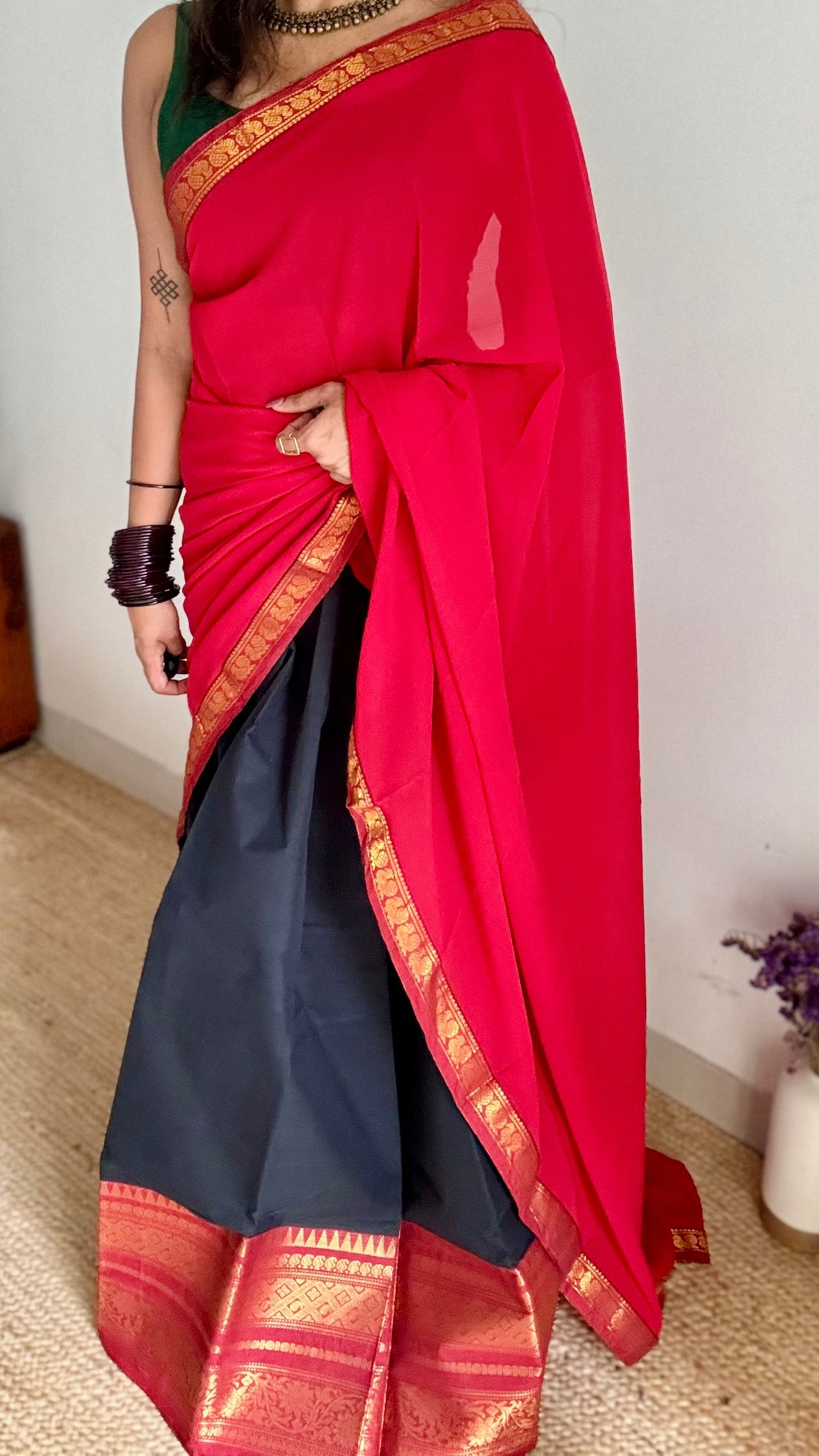 Black - Red unstitched half saree material (dhavani), kanchi cotton - YCIEHS212