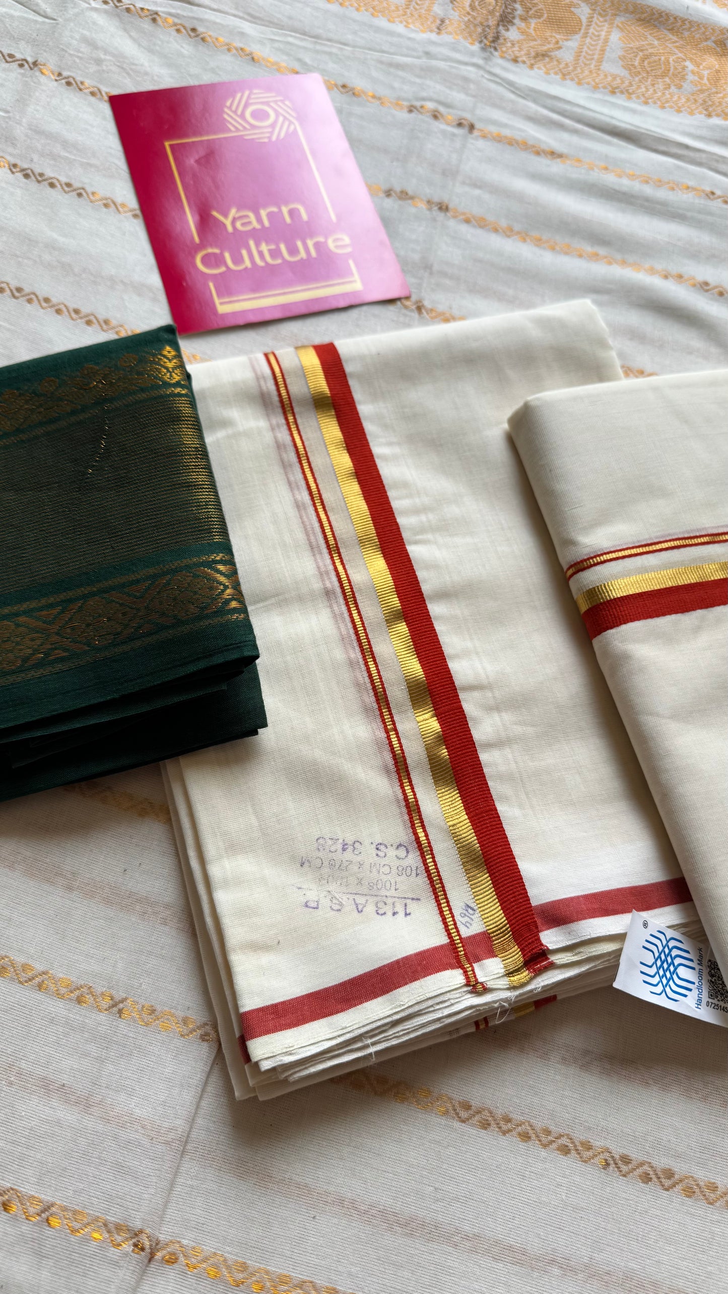 Set mund, handwoven from Chendamangalam looms, rust orange and gold - YCIEON143