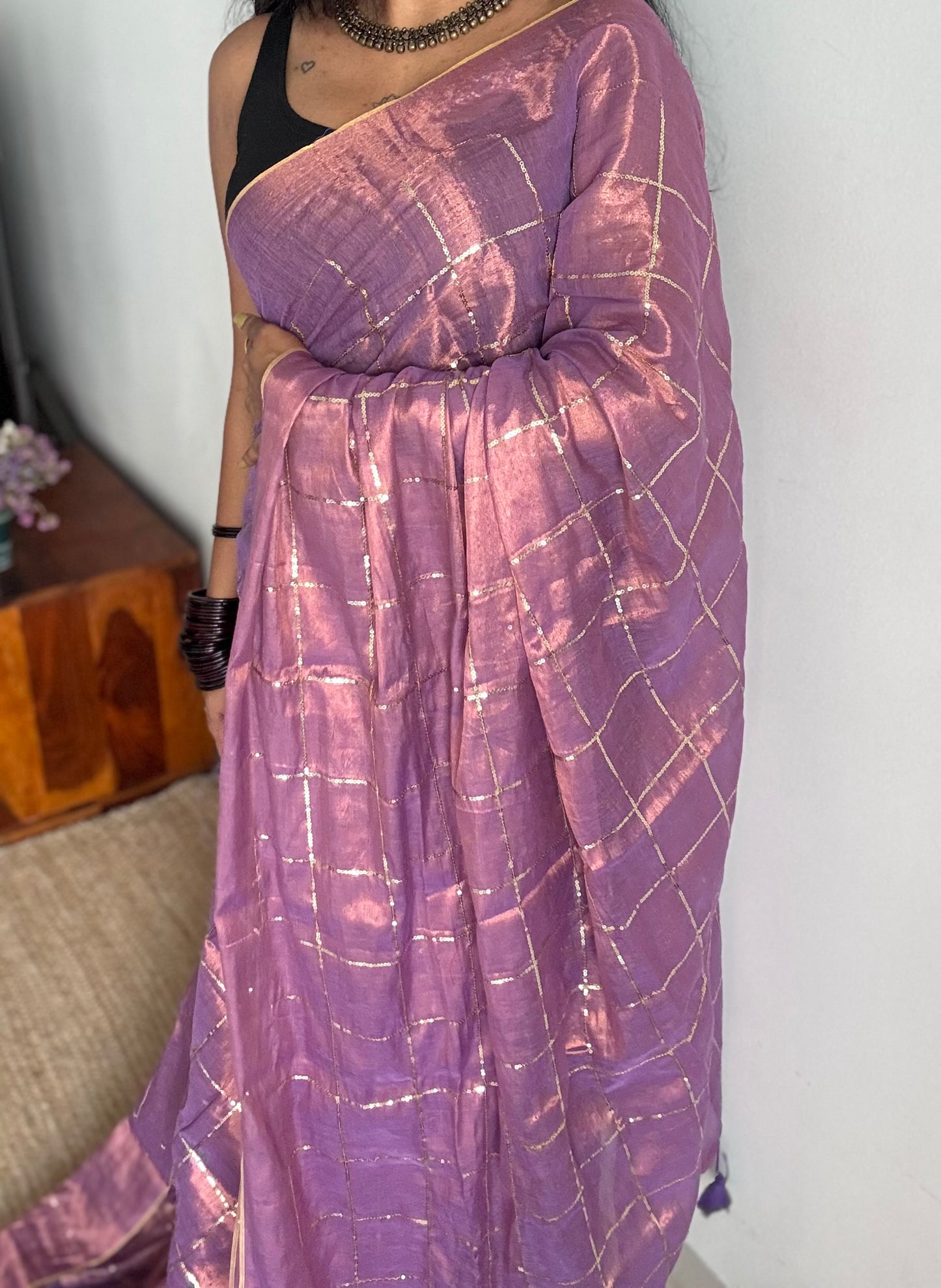 Lilac, checkered sequins work, mul tissue - YCBCMCJA11