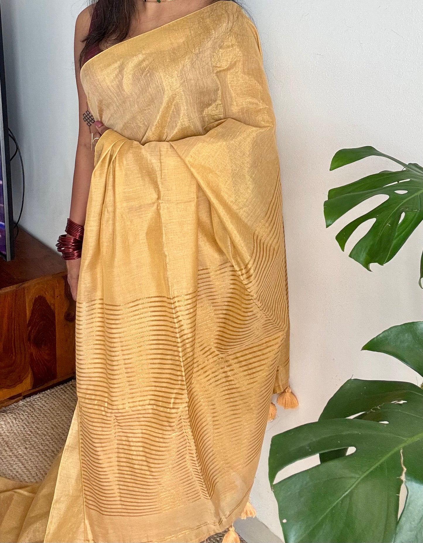 Plain gold mul tissue saree, striped pallu - YCIEON07