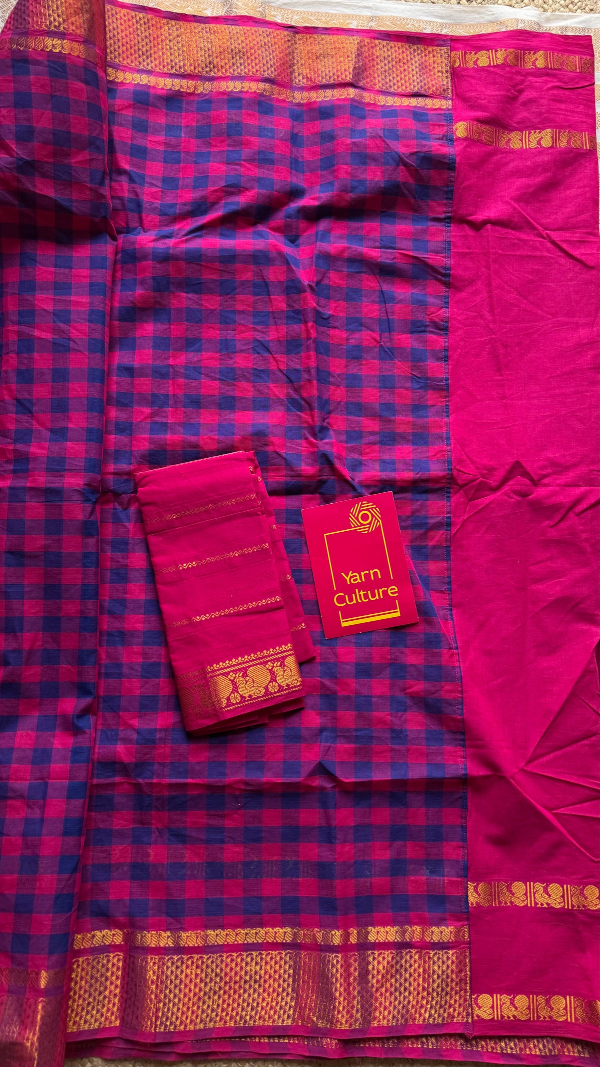 Hot pink with multicoloured checks, sungudi and chettinad cotton half and half saree - YCCOTNIDOC147
