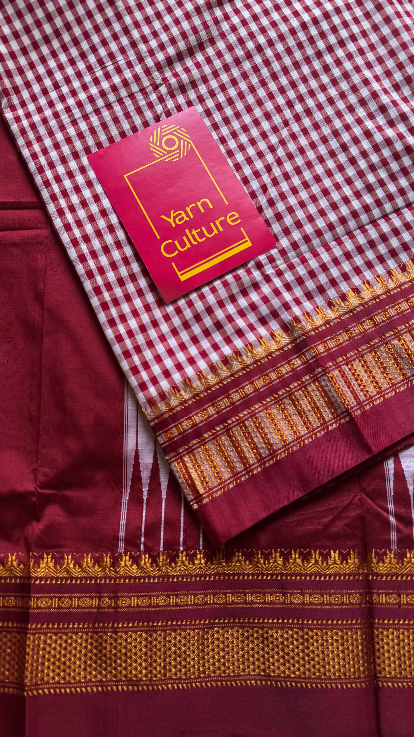llkal maroon and white checks with chikki paras border, soft cotton with art silk blend - YCLOKICAP230