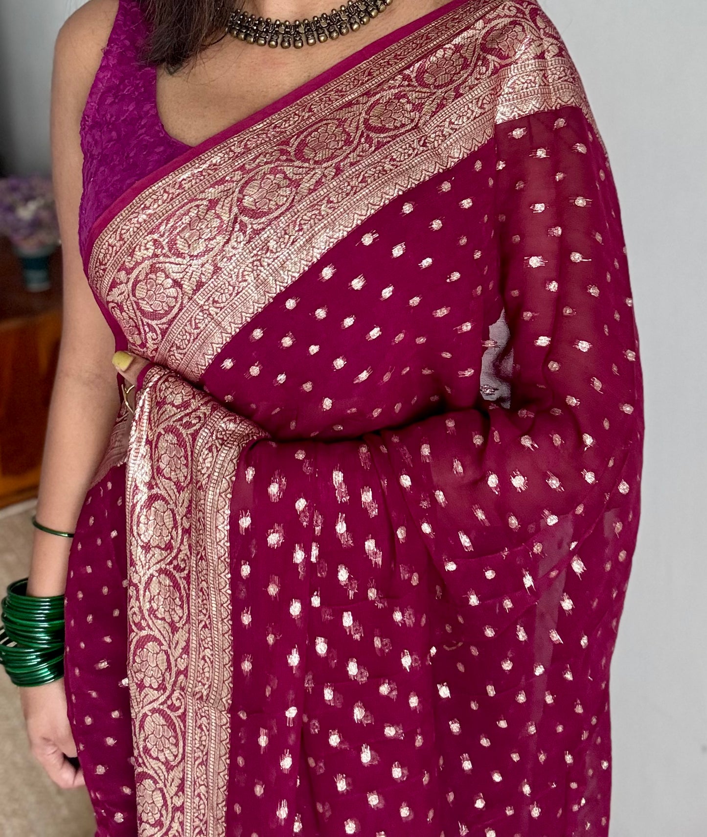 Ruby red viscose georgette saree with zari motifs - YCDOSFE203