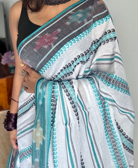 Dhonekhali handloom soft cotton saree, white with turquoise and black woven stripes, Ikkat border- YCBCDFE247