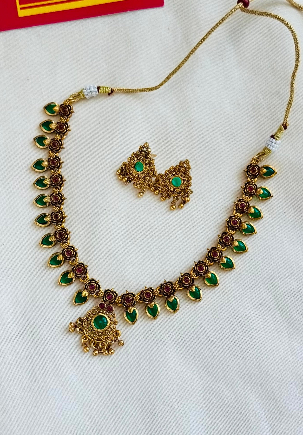Ruby green palakka necklace with earrings, variant 2 - YCGPNP769