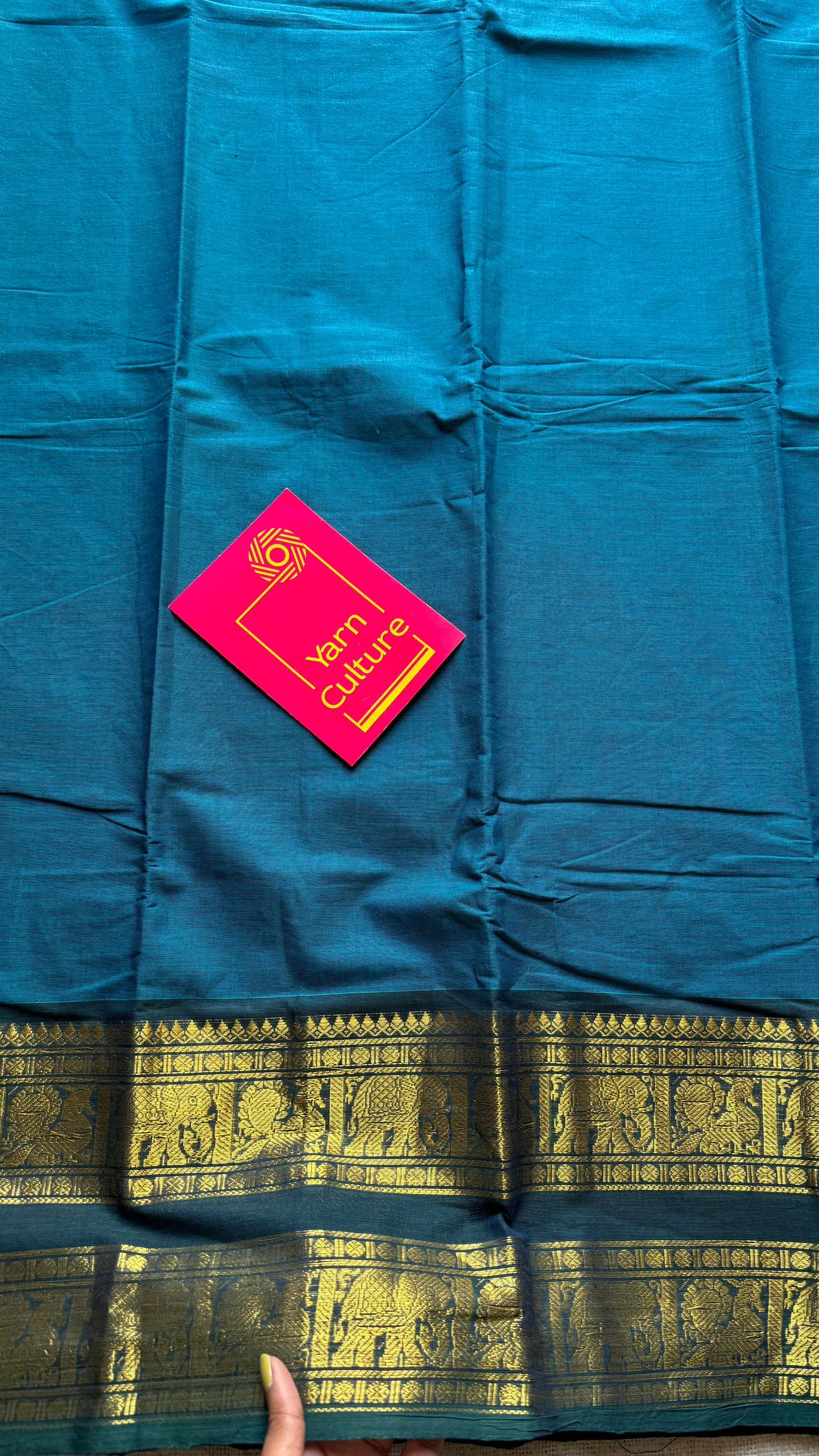 Blue with green wide contrast border, kanchi cotton - YCCOTNKCDE83