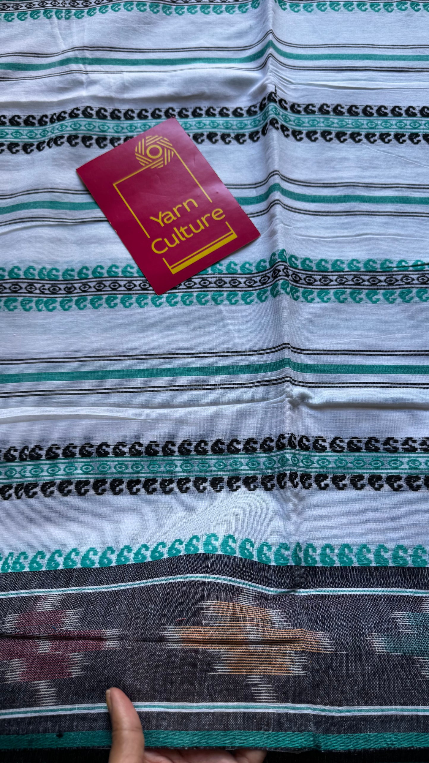 Dhonekhali handloom soft cotton saree, white with turquoise and black woven stripes, Ikkat border- YCBCDFE247
