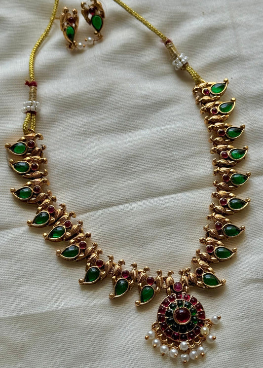 Antique gold palakka type, ruby and green stones with earrings - YCAGNP267