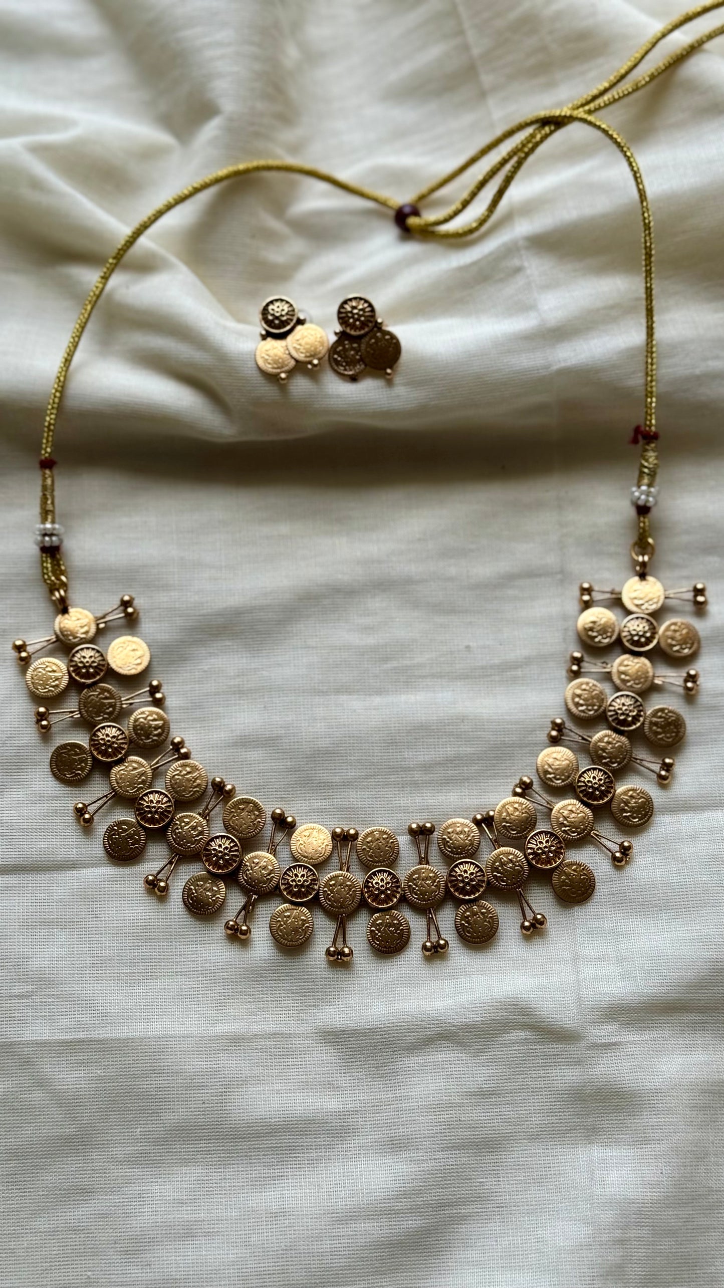 Antique gold three layered coin choker neckpiece, with earrings  - YCAGNP260