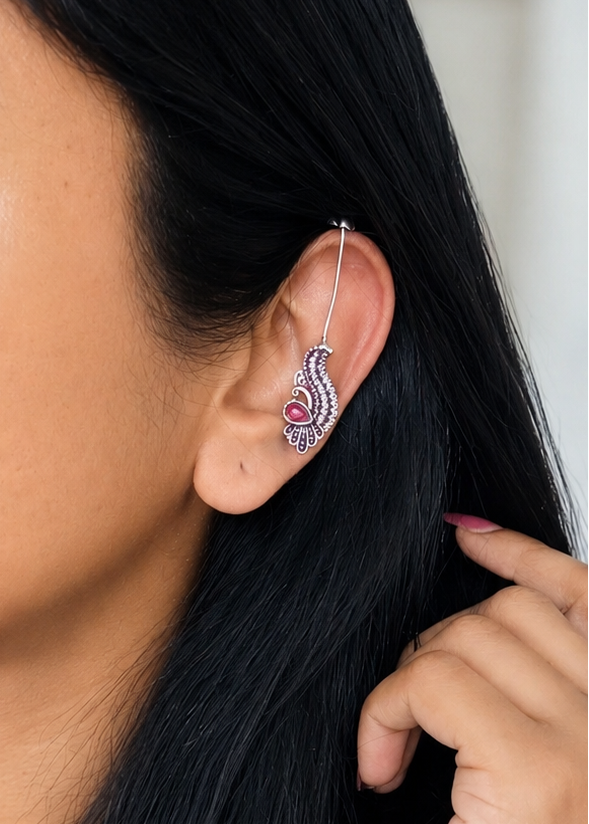 Bugadi clip-on (non pierced), pink stone, peacock pattern, oxidised silver - YCOSEBU515