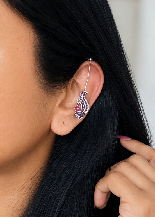 Bugadi clip-on (non pierced), pink stone, peacock pattern, oxidised silver - YCOSEBU515