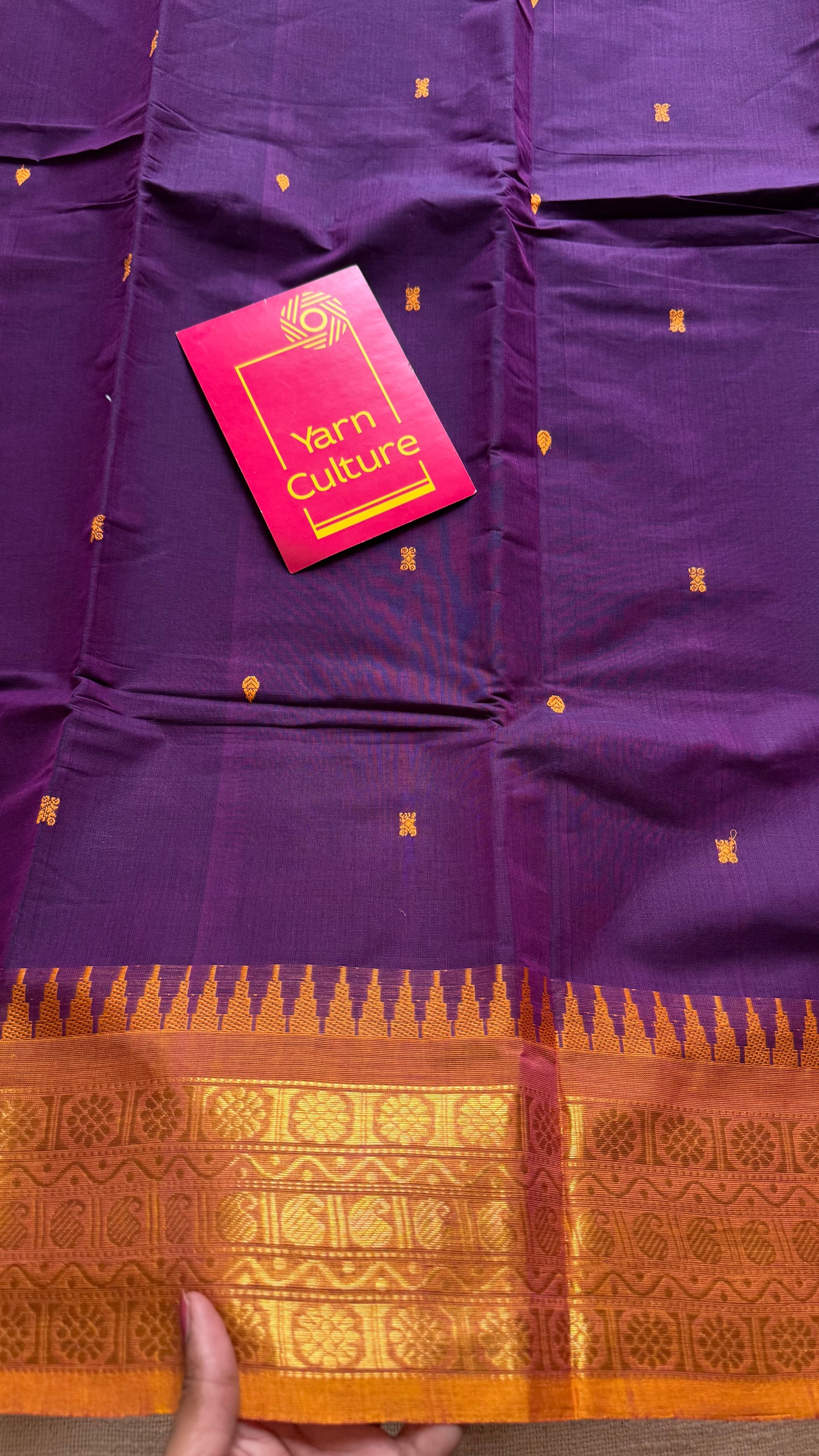 Kanchi cotton saree, purple with turmeric yellow border - YCCOTNAP87