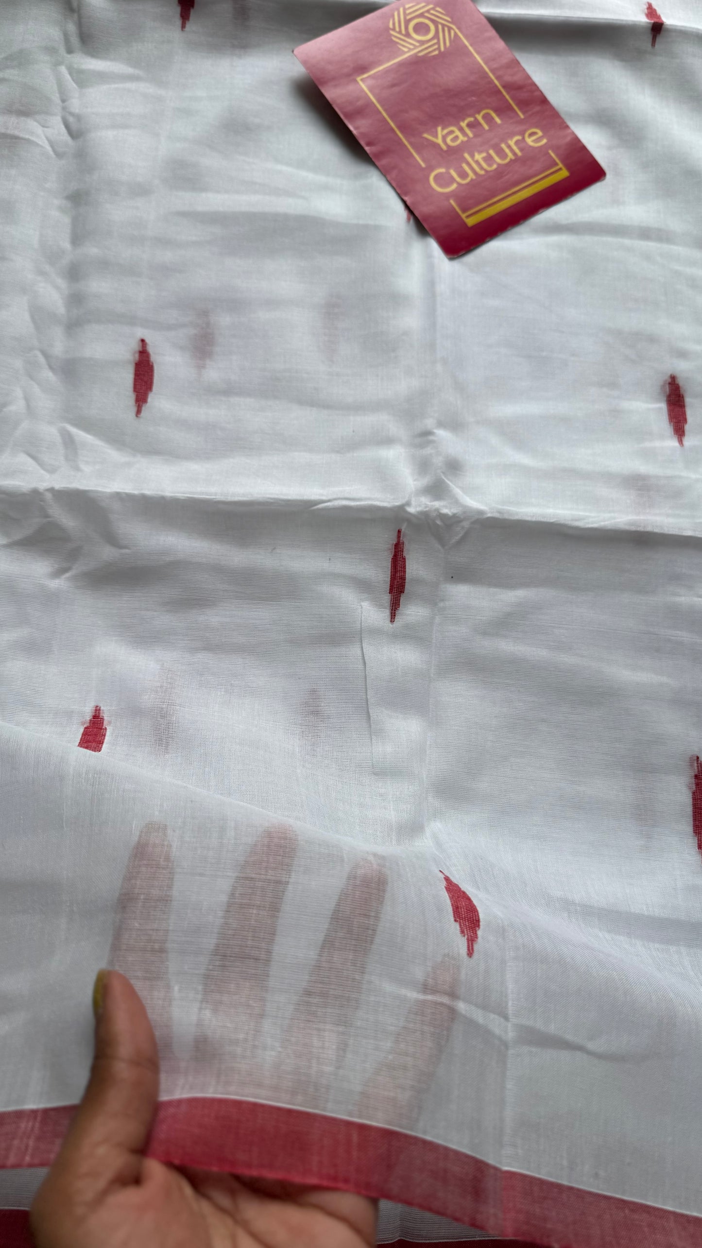White with red border, jamdani motifs, mul cotton - YCBCDP13