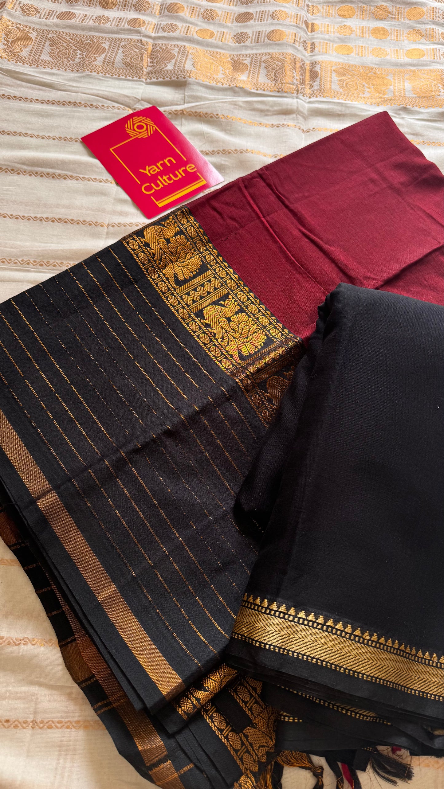 Maroon - Black unstitched half saree material (dhavani), narayanpet cotton - YCIEHS221