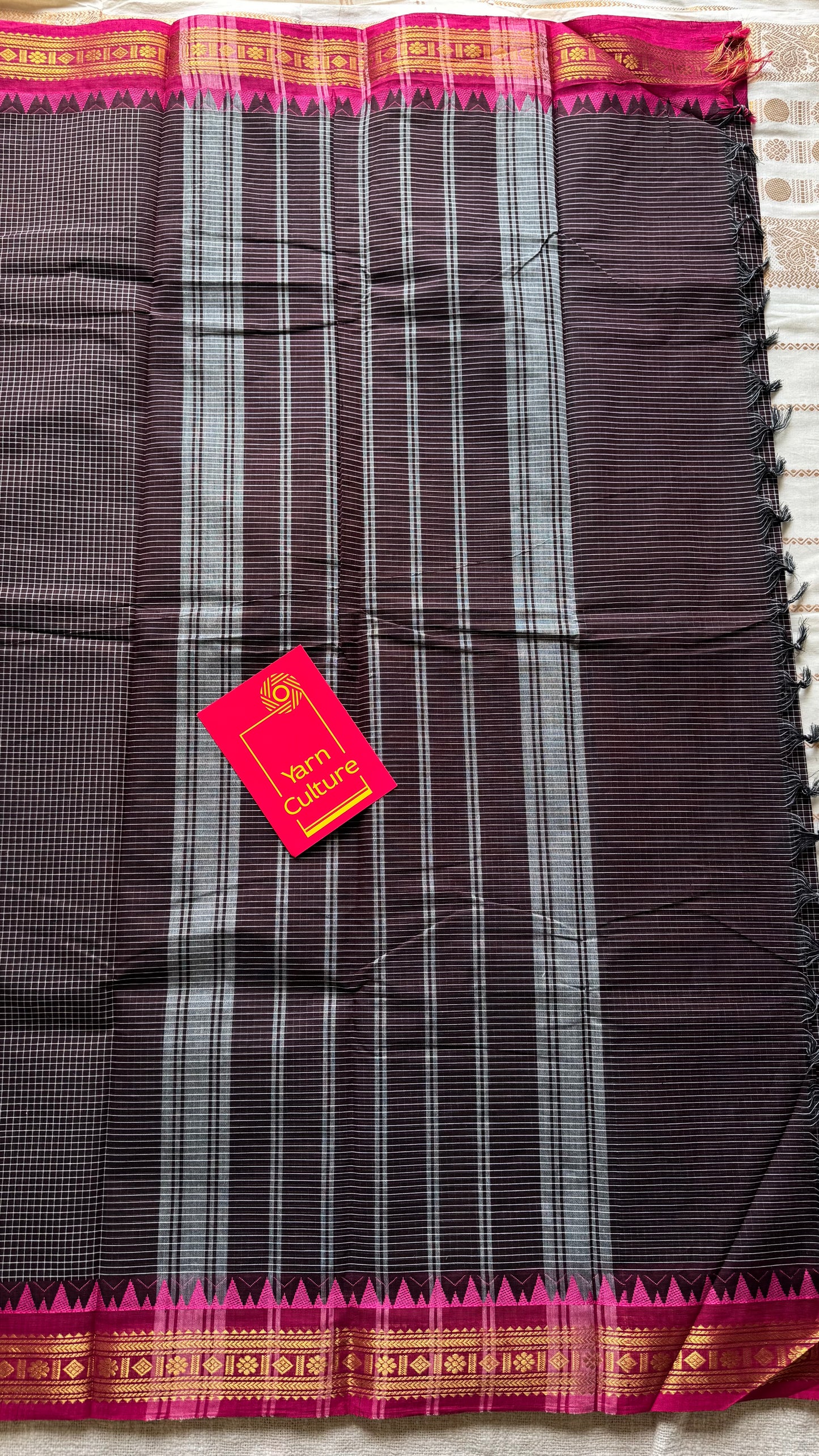 Dark brown with pink contrast, checkered kanchi cotton saree - YCCOTNJU18