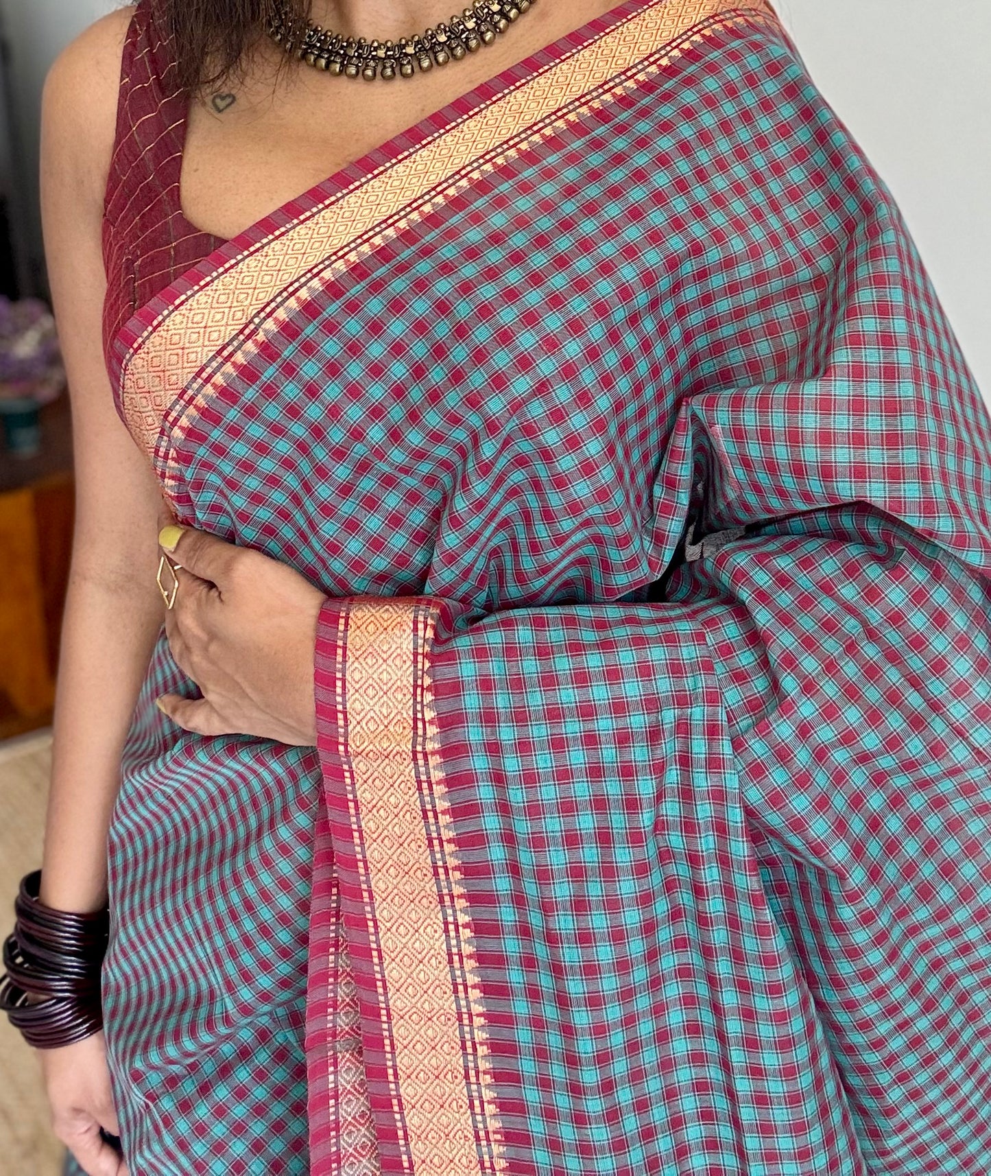 Blue Chettinad cotton saree with maroon checks - YCCOTNCCFE145