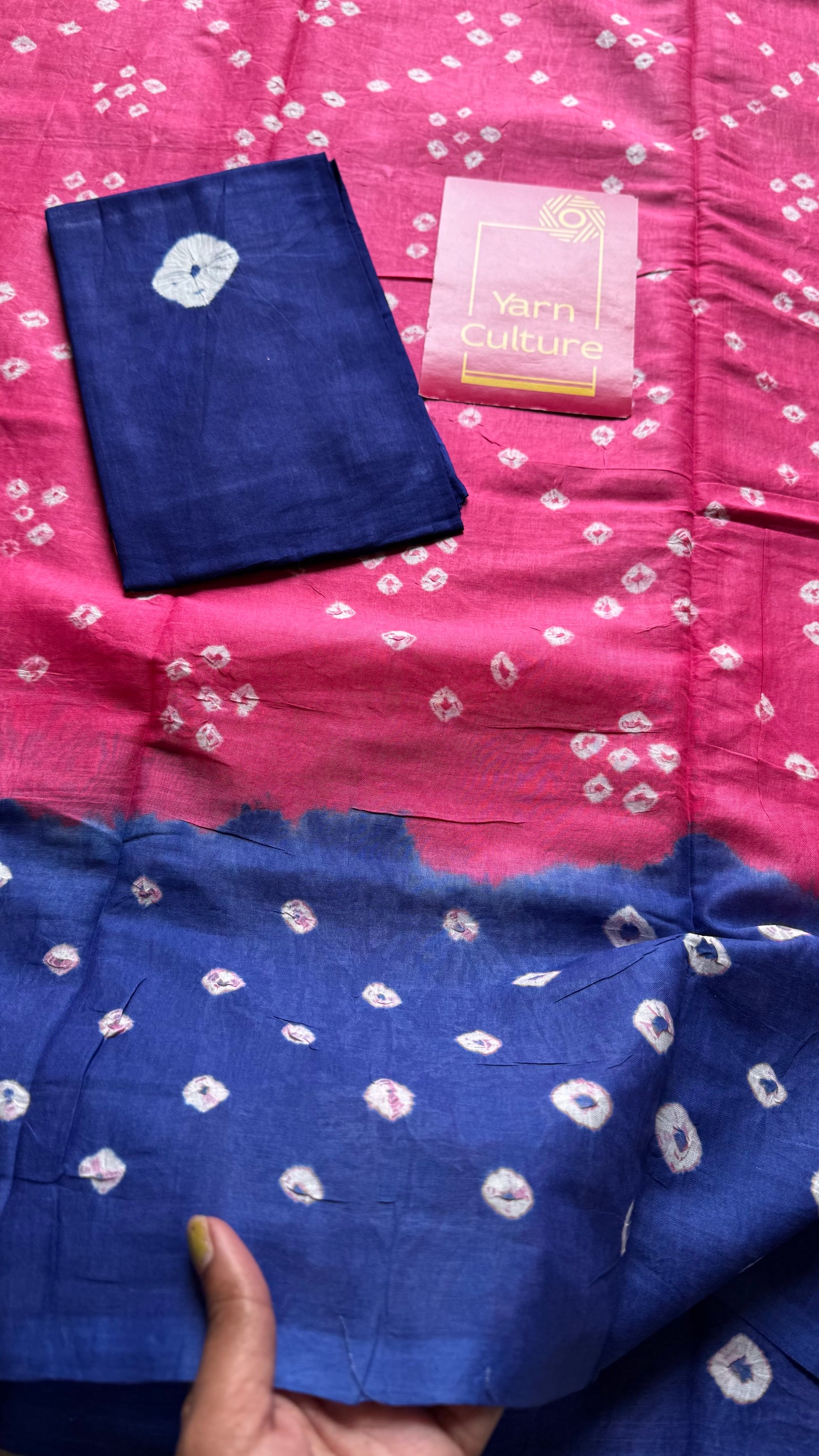 Peach pink with blue Sungudi/Bandhani, soft cotton - YCCOTNSEMS75