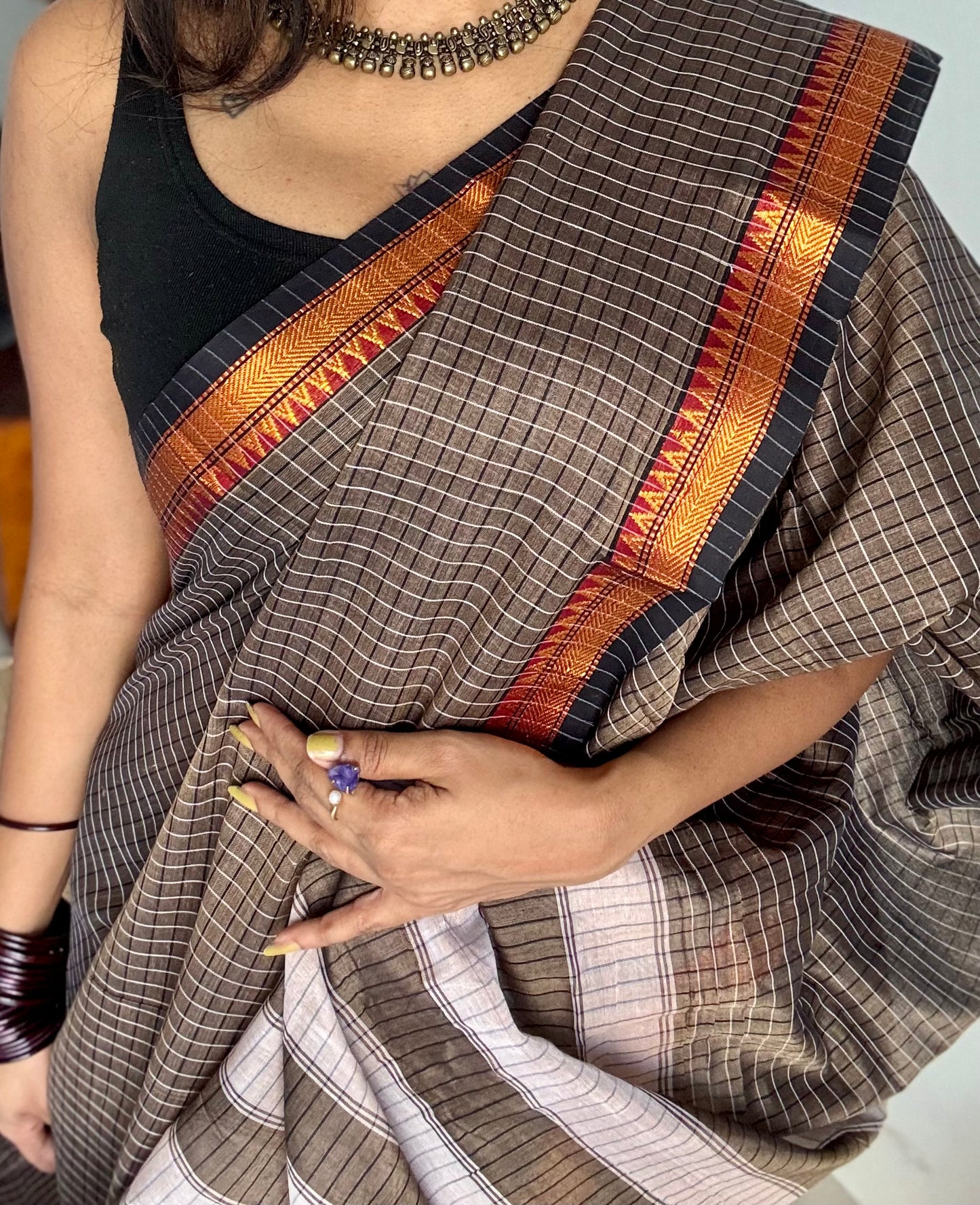Grey with black checks, cotton silk blend, premium narayanpet saree - YCWOTDFE245