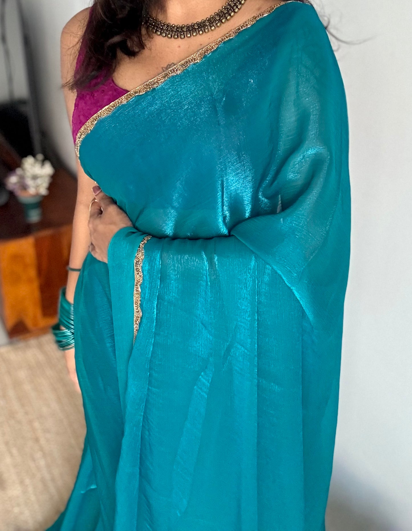 Bluetiful Chaos - bluish green, metallic dual tone space silk, embellished border - YCDOSNO44