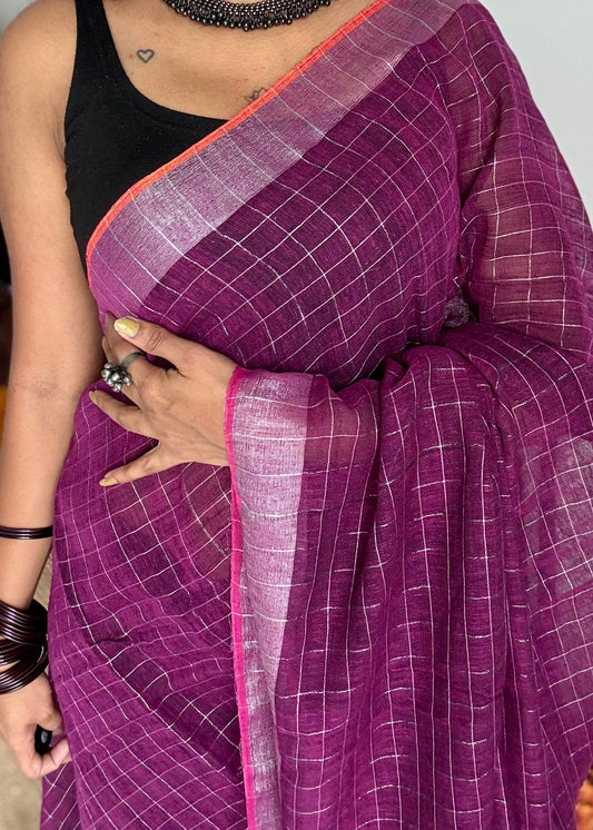 Wine linen by cotton saree, silver checks & zari pallu - YCBCLCFE391