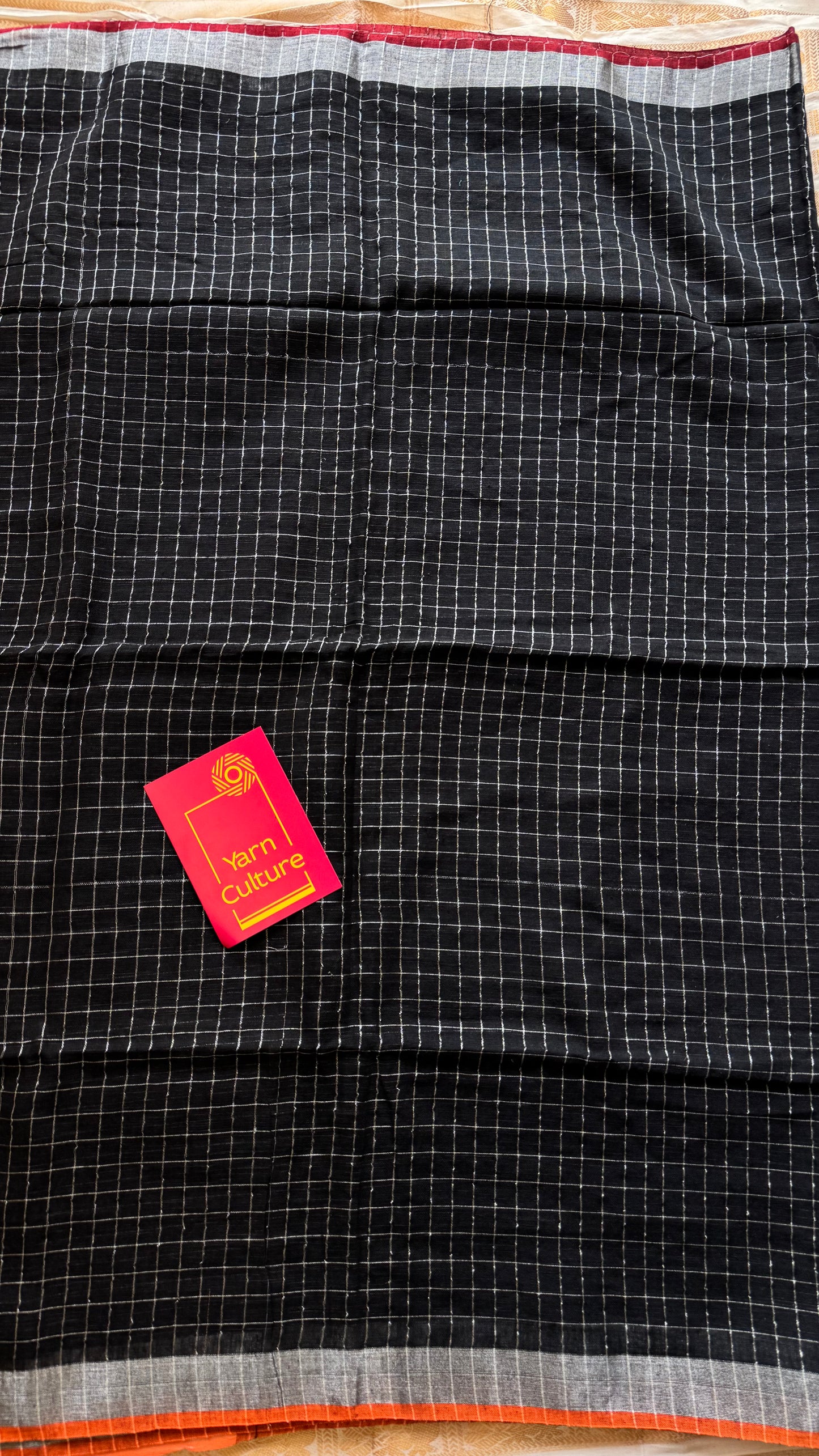 Black linen by cotton saree, silver checks & zari pallu - YCBCLCAP55