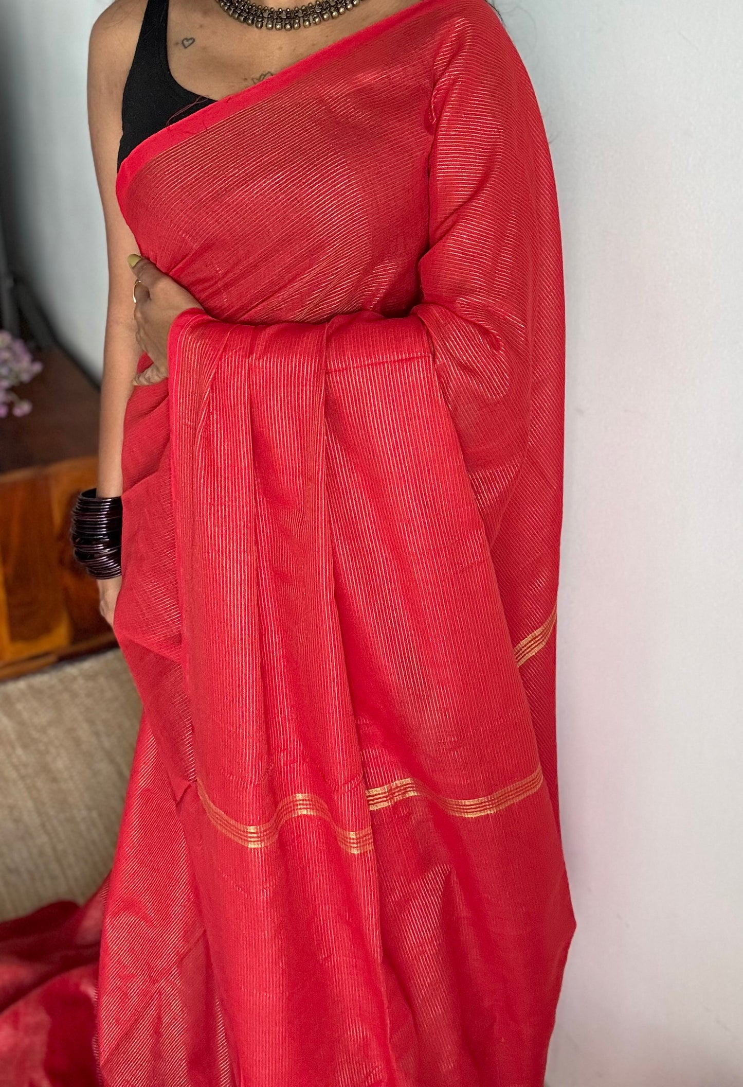 Chilli red, gold zari stripes, soft cotton - YCBCKCZDE105